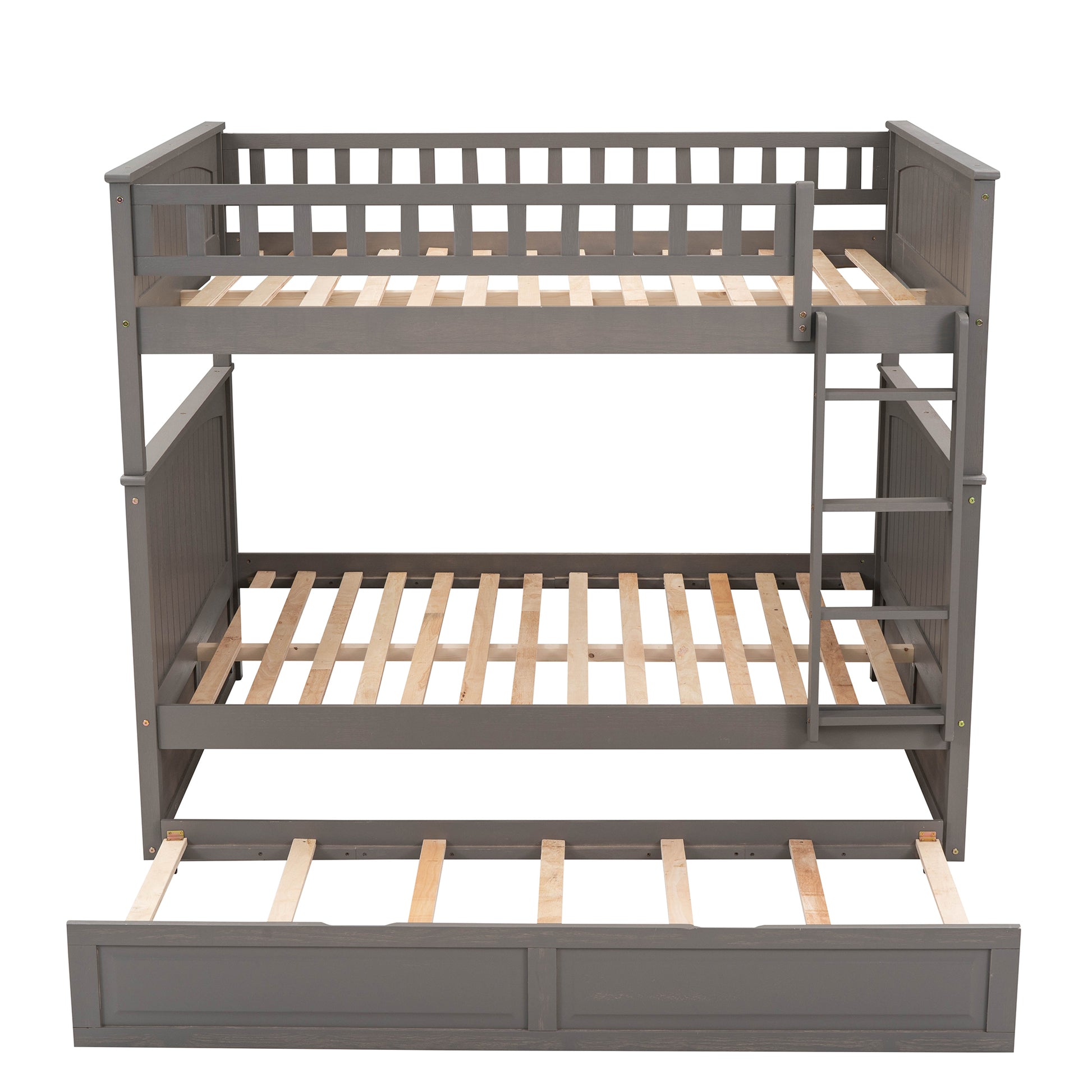 Full Over Full Bunk Bed With Twin Size Trundle, Pine Wood Bunk Bed With Guardrails, Brushed Gray Old Sku Lp000044Aan Gray Solid Wood