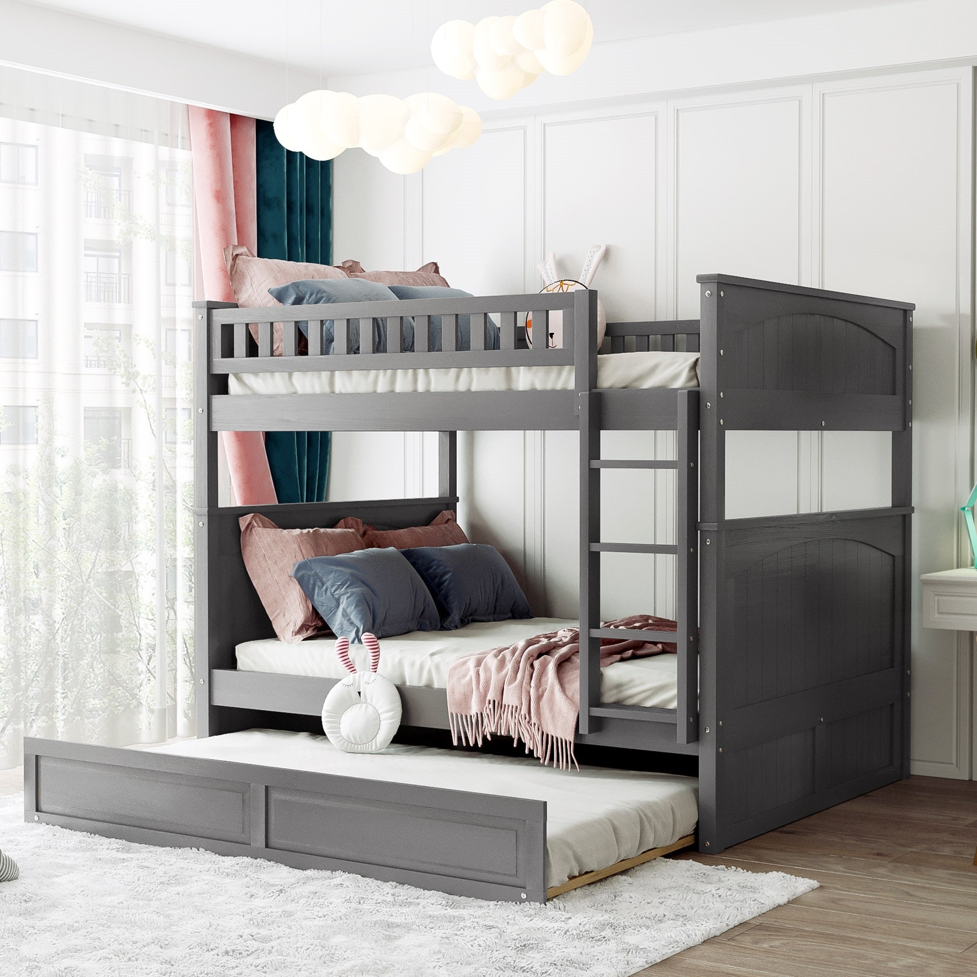 Full Over Full Bunk Bed With Twin Size Trundle, Pine Wood Bunk Bed With Guardrails, Brushed Gray Old Sku Lp000044Aan Gray Solid Wood