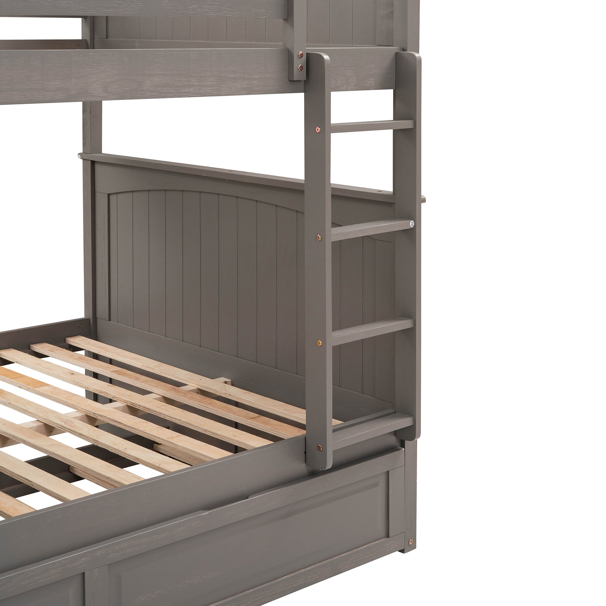 Full Over Full Bunk Bed With Twin Size Trundle, Pine Wood Bunk Bed With Guardrails, Brushed Gray Old Sku Lp000044Aan Gray Solid Wood