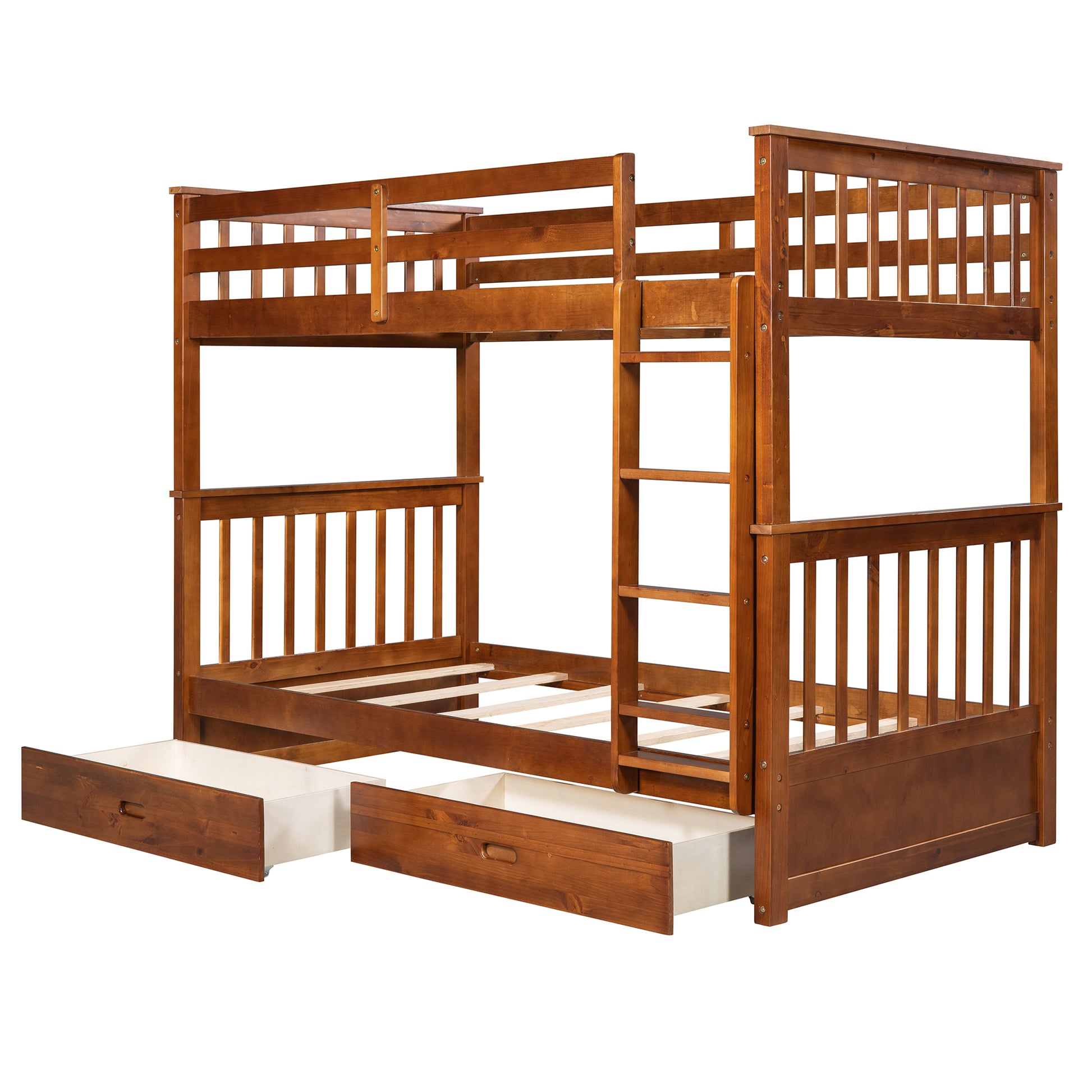 Twin Over Twin Bunk Bed With Ladders And Two Storage Drawers Walnut Old Sku:Lt000265Aad Walnut Solid Wood