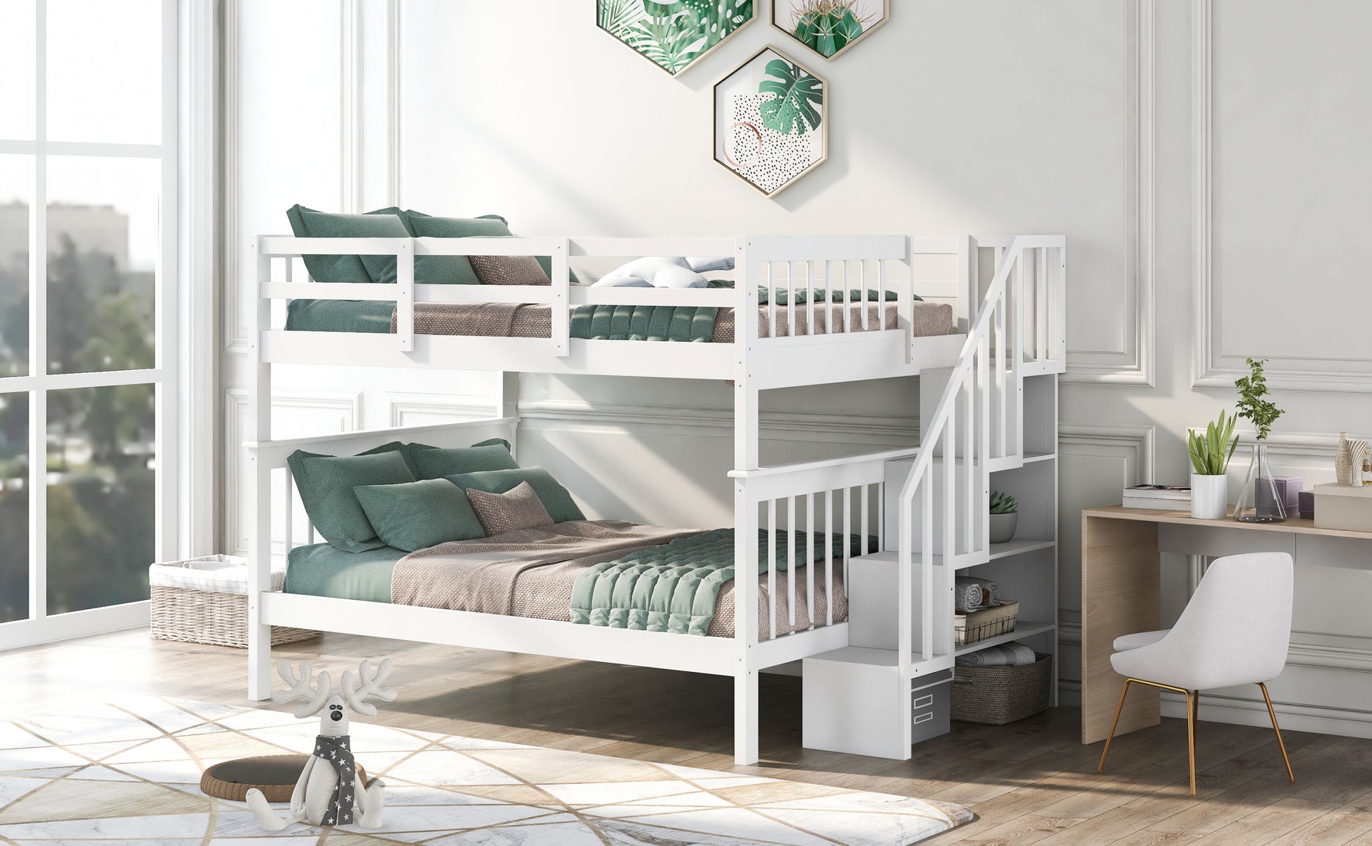 Stairway Full Over Full Bunk Bed With Storage And Guard Rail For Bedroom, Dorm, White Color Old Sku :Lp001110Aak White Solid Wood