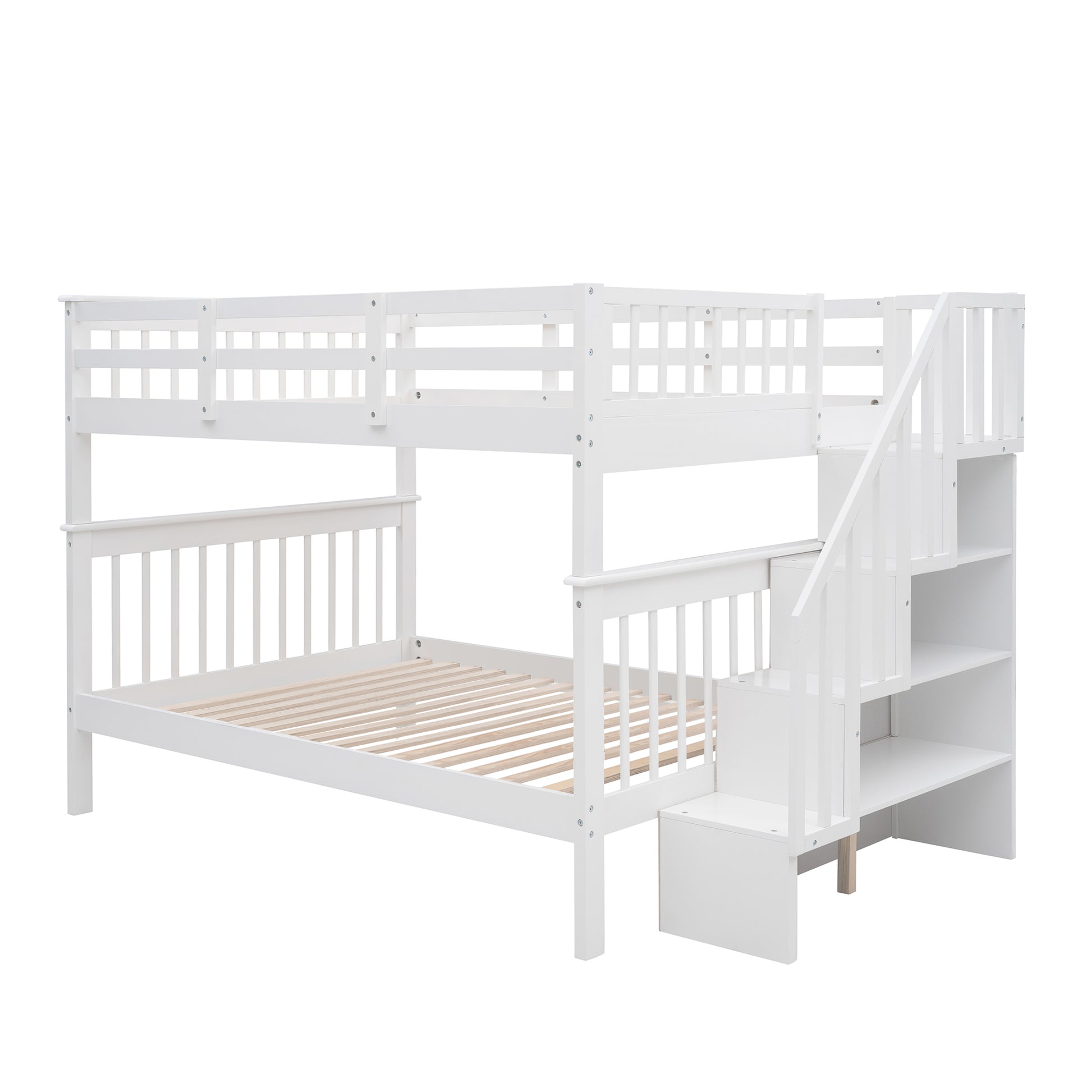 Stairway Full Over Full Bunk Bed With Storage And Guard Rail For Bedroom, Dorm, White Color Old Sku :Lp001110Aak White Solid Wood