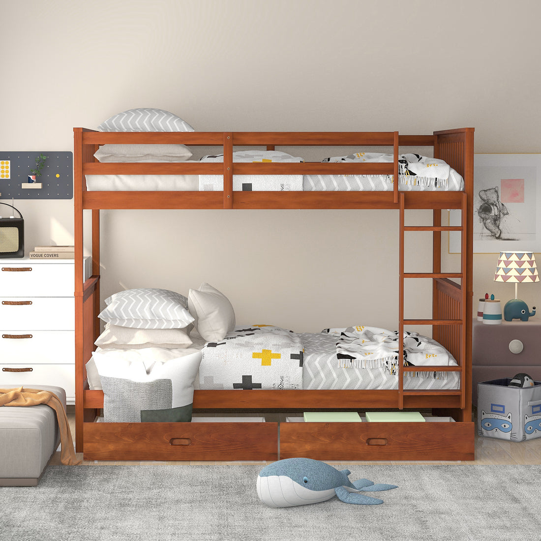 Twin Over Twin Bunk Bed With Ladders And Two Storage Drawers Walnut Old Sku:Lt000265Aad Walnut Solid Wood