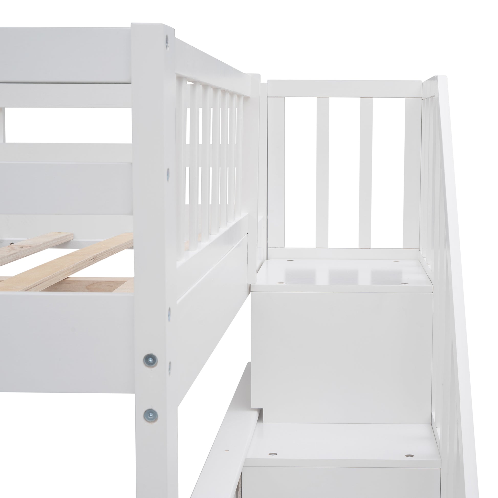 Stairway Full Over Full Bunk Bed With Storage And Guard Rail For Bedroom, Dorm, White Color Old Sku :Lp001110Aak White Solid Wood