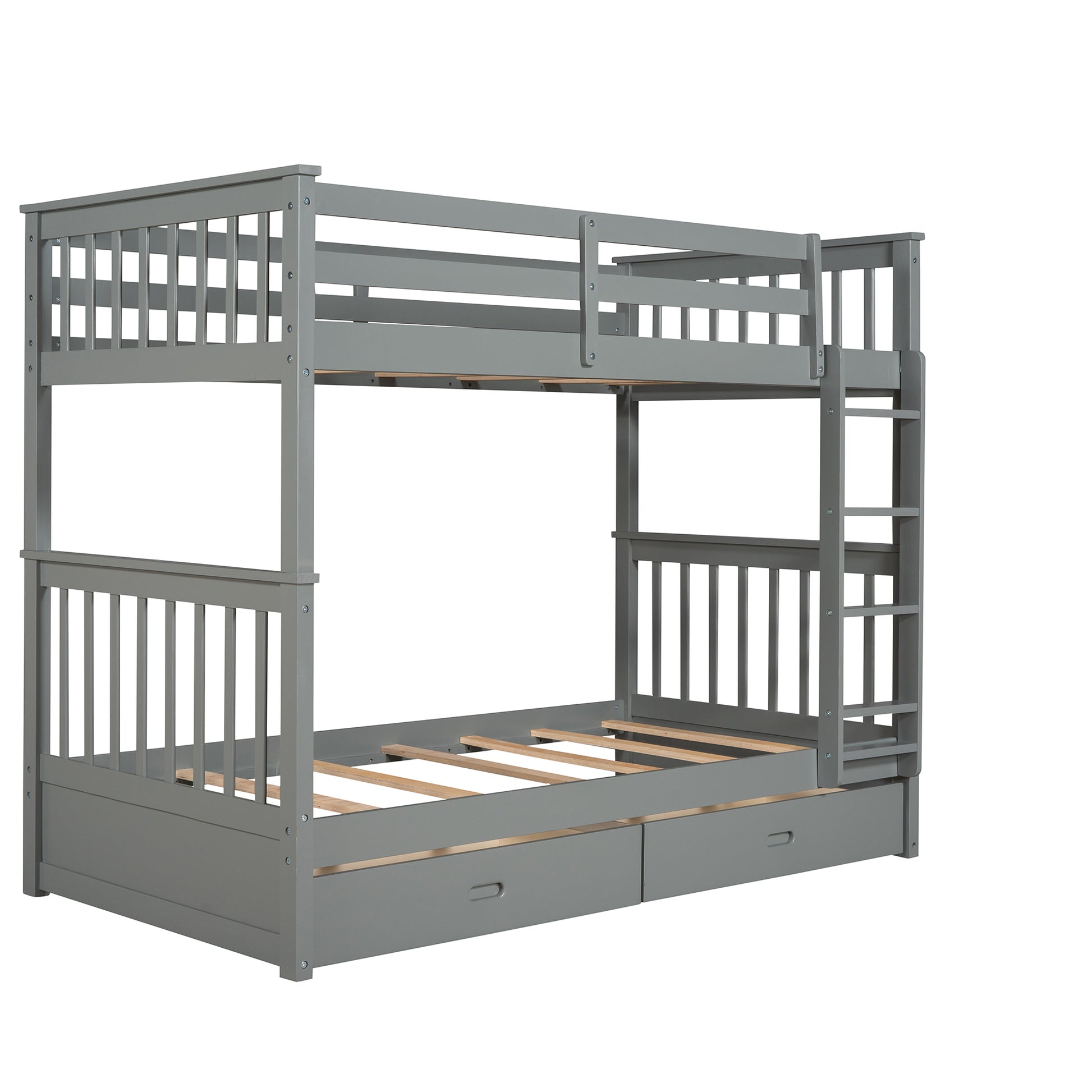 Twin Over Twin Bunk Bed With Ladders And Two Storage Drawers Gray Lt000265Aae Gray Solid Wood