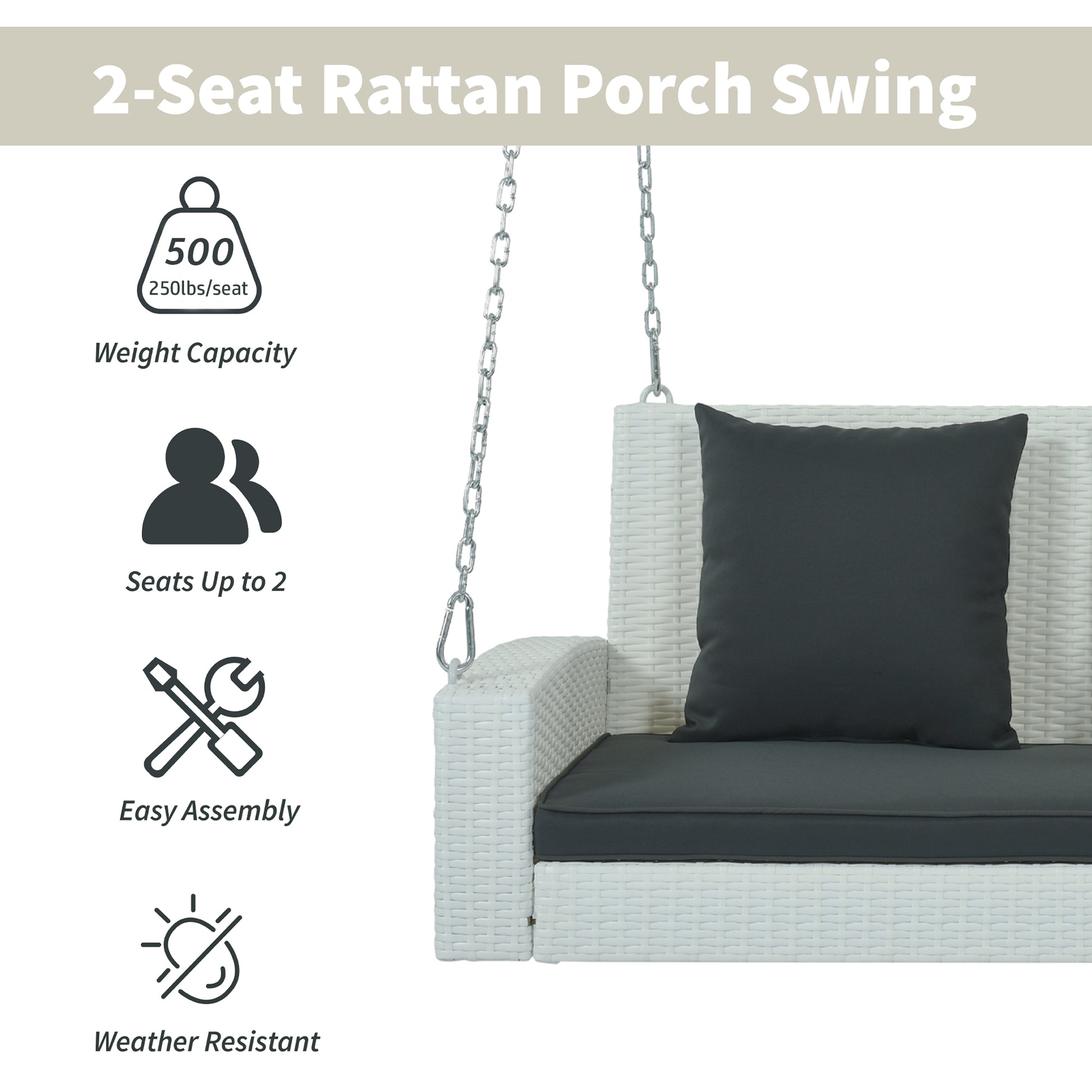 2 Person Wicker Hanging Porch Swing With Chains, Cushion, Pillow, Rattan Swing Bench For Garden, Backyard, Pond. White Wicker, Gray Cushion White Wicker