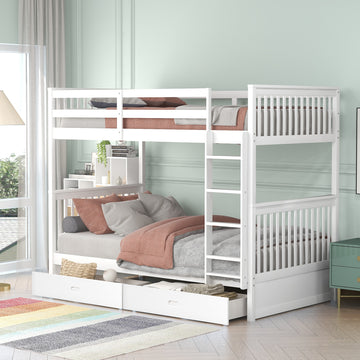 Twin Over Twin Bunk Bed With Ladders And Two Storage Drawers White Old Sku:Lt000265Aak White Solid Wood