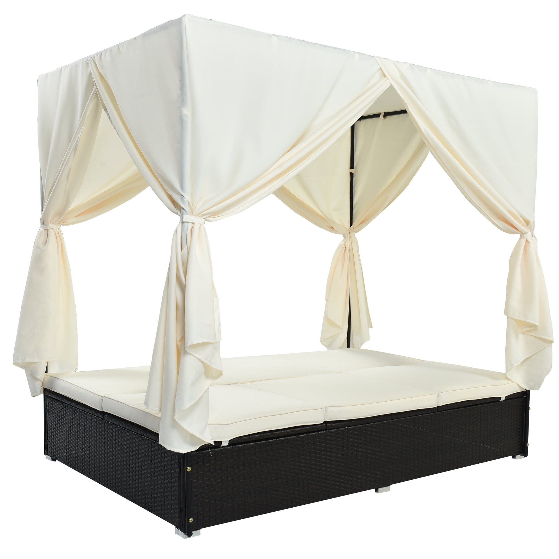 Outdoor Patio Wicker Sunbed Daybed With Cushions, Adjustable Seats Beige Rattan