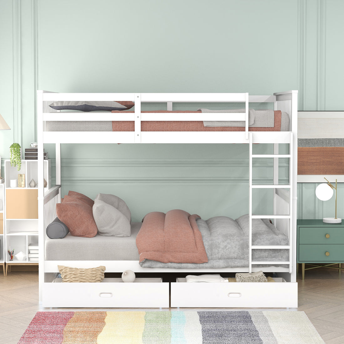 Twin Over Twin Bunk Bed With Ladders And Two Storage Drawers White Old Sku:Lt000265Aak White Solid Wood