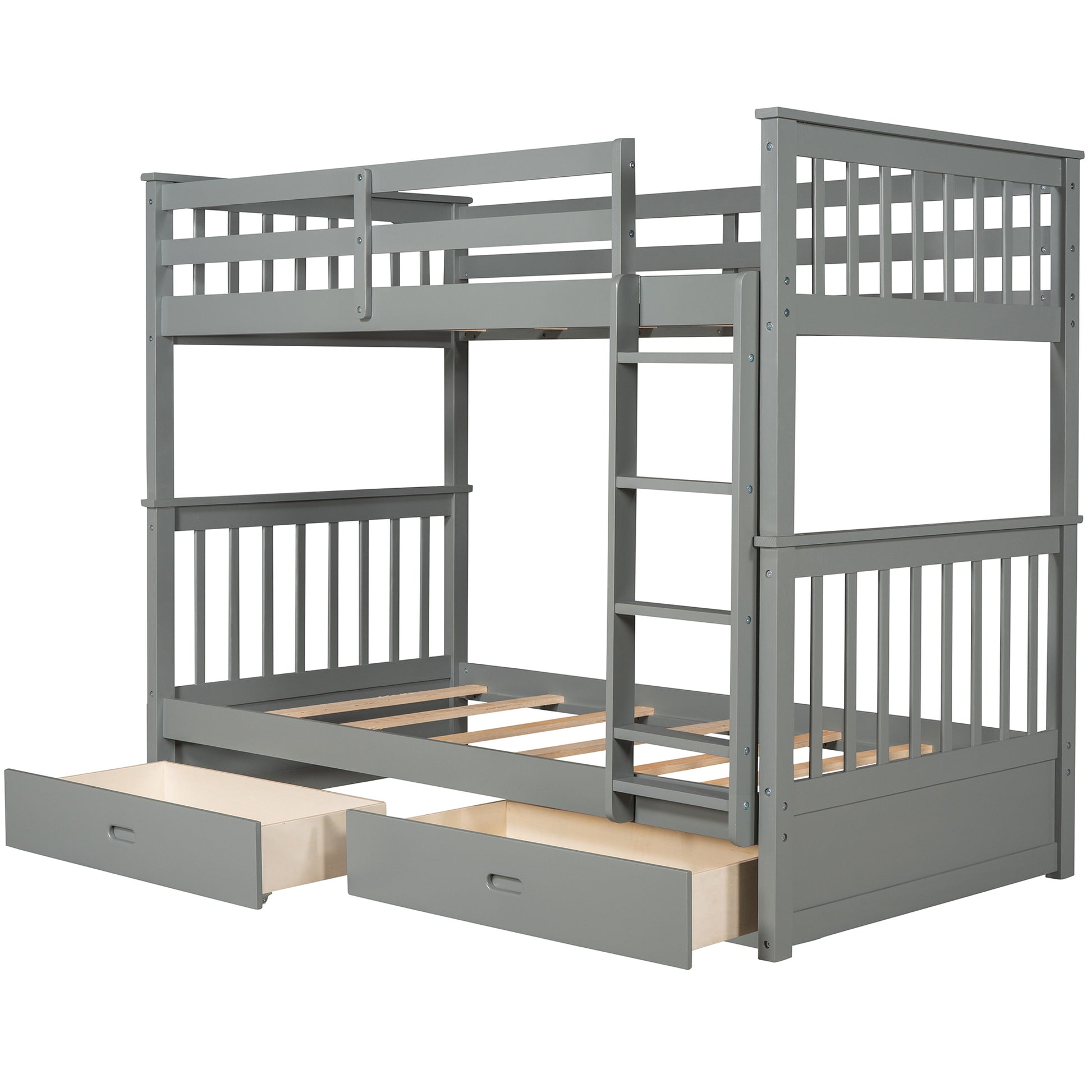 Twin Over Twin Bunk Bed With Ladders And Two Storage Drawers Gray Lt000265Aae Gray Solid Wood