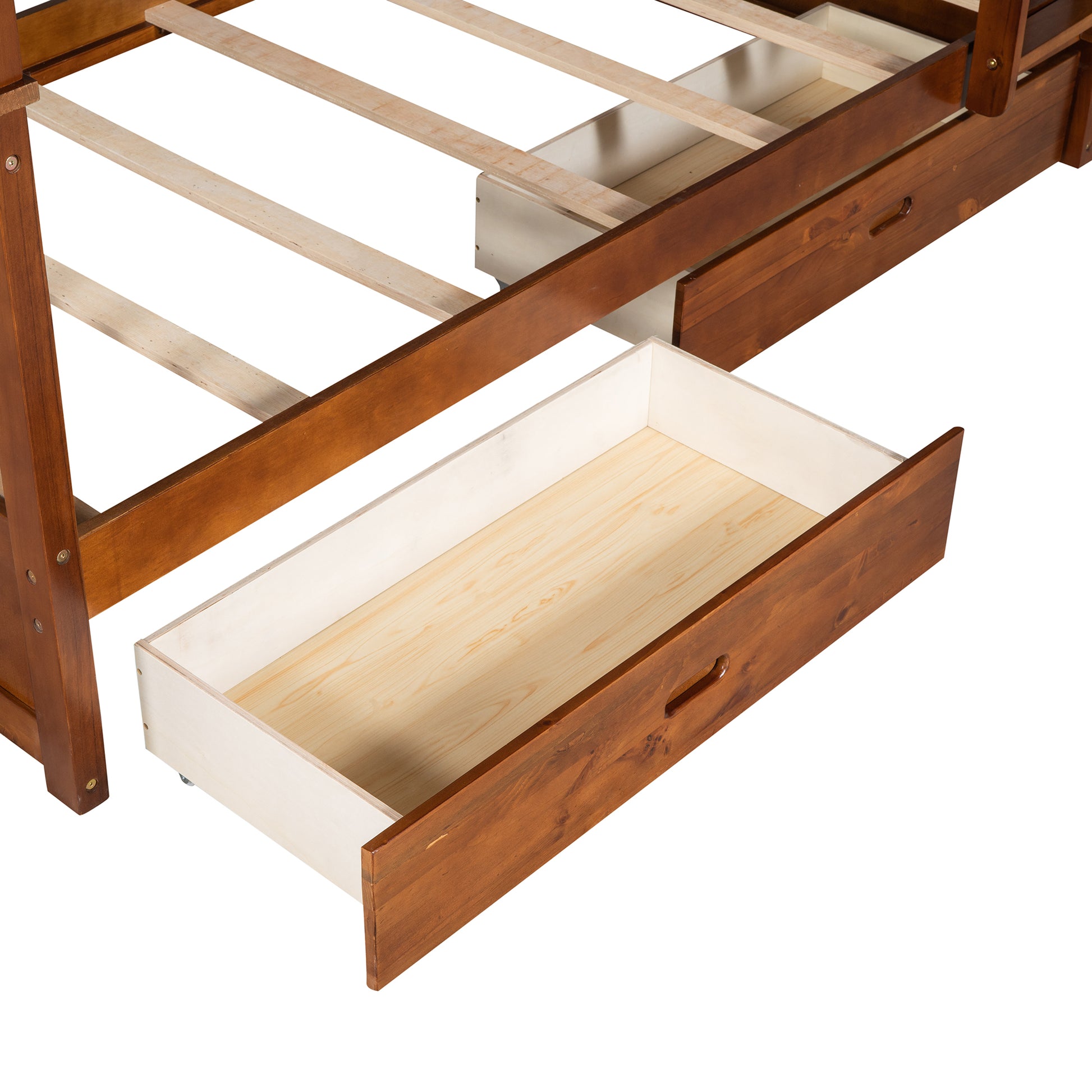 Twin Over Twin Bunk Bed With Ladders And Two Storage Drawers Walnut Old Sku:Lt000265Aad Walnut Solid Wood