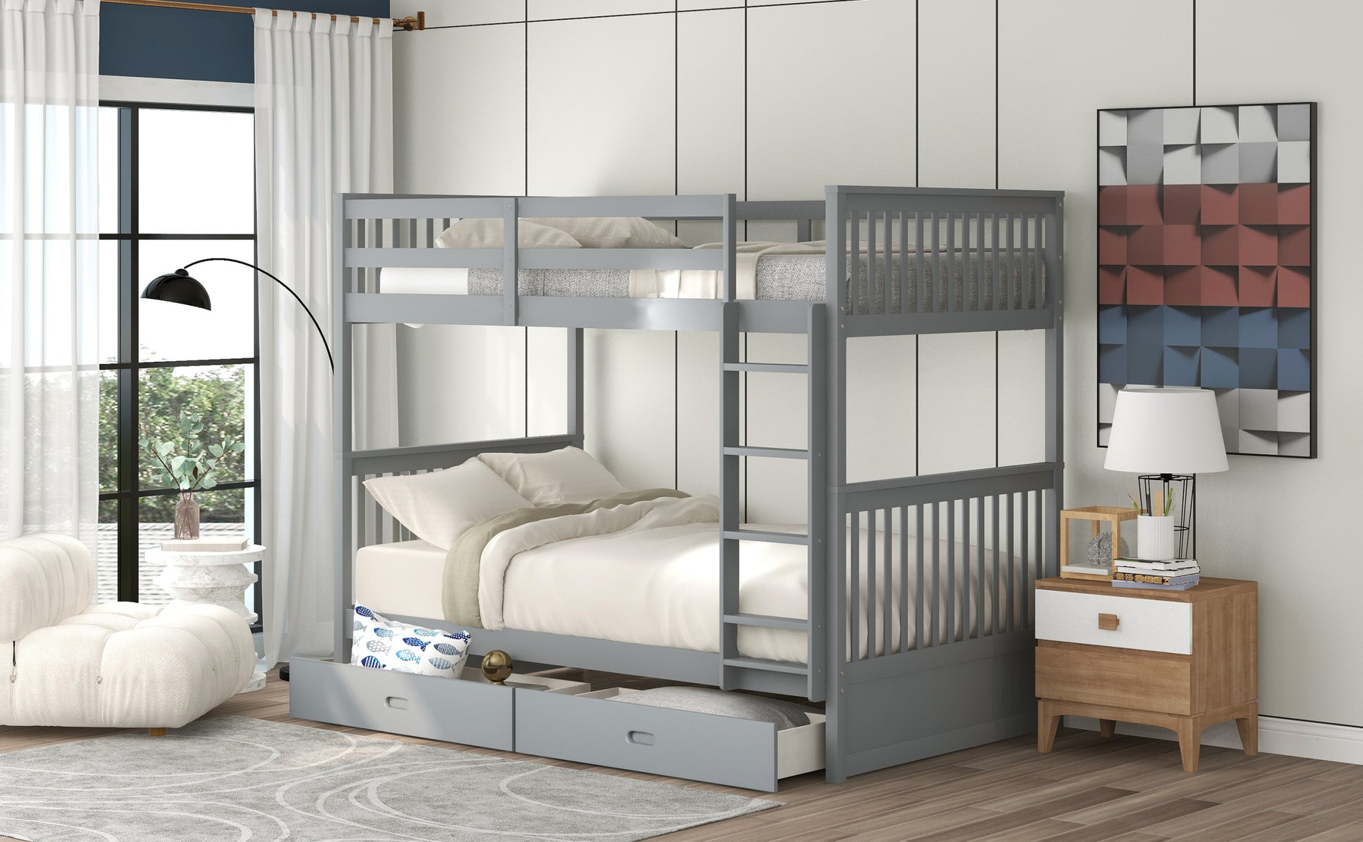 Twin Over Twin Bunk Bed With Ladders And Two Storage Drawers Gray Lt000265Aae Gray Solid Wood