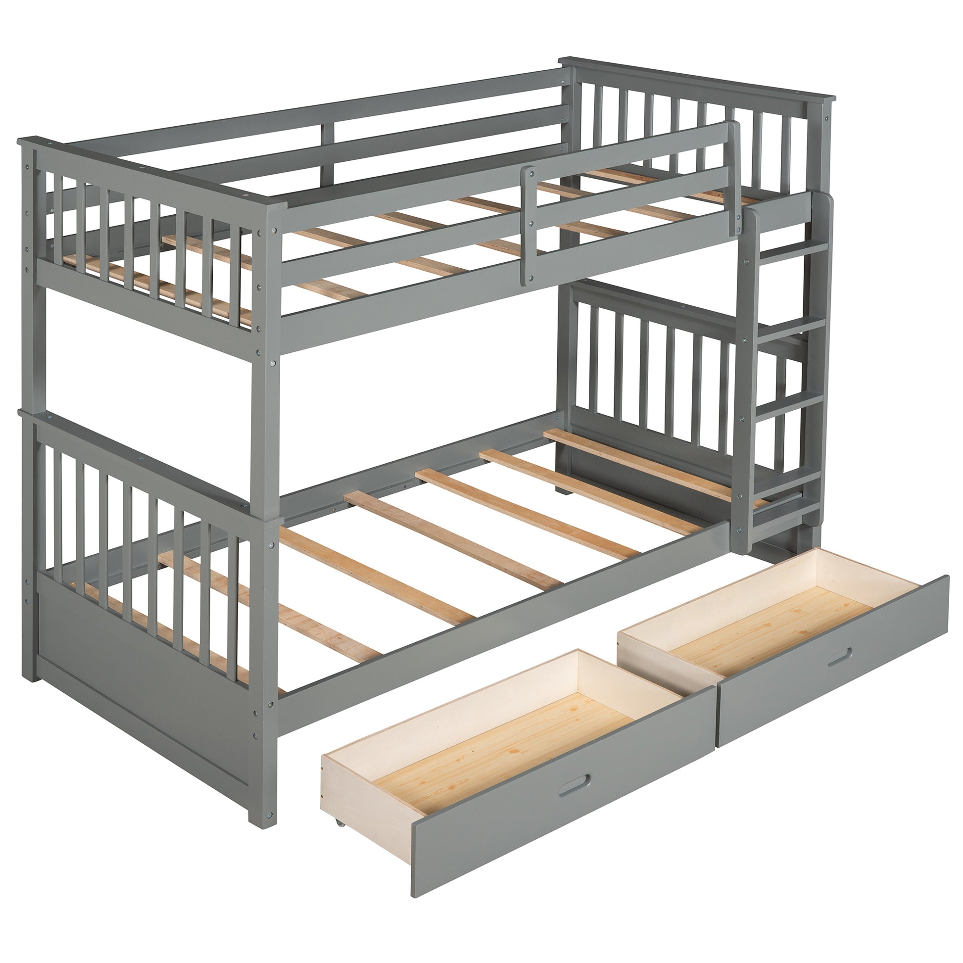 Twin Over Twin Bunk Bed With Ladders And Two Storage Drawers Gray Lt000265Aae Gray Solid Wood