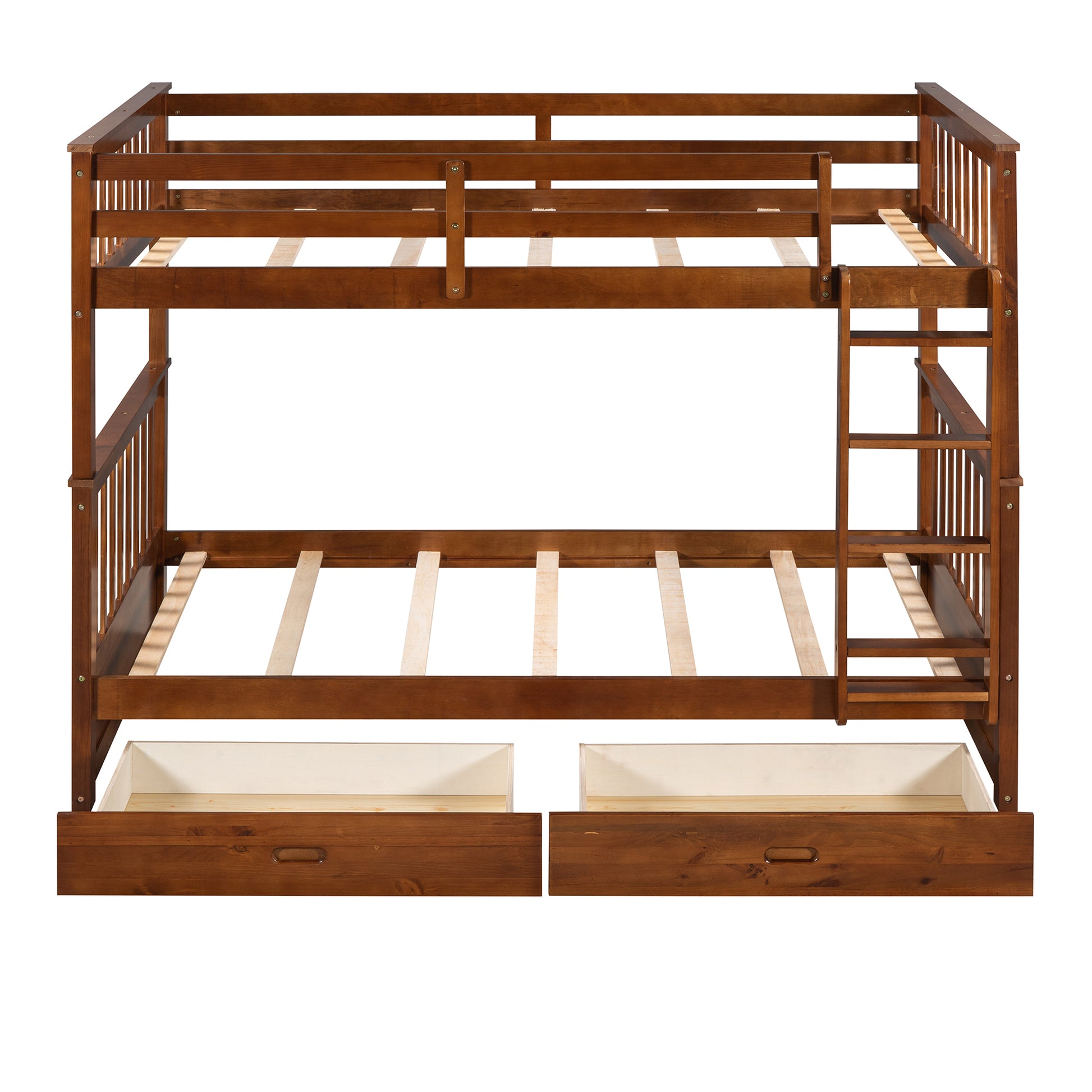 Twin Over Twin Bunk Bed With Ladders And Two Storage Drawers Walnut Old Sku:Lt000265Aad Walnut Solid Wood