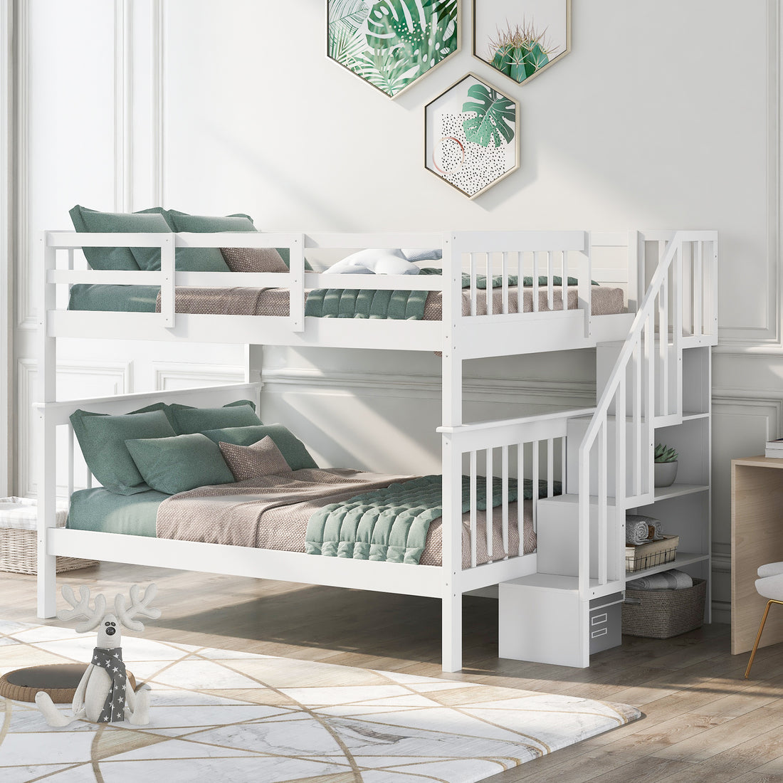 Stairway Full Over Full Bunk Bed With Storage And Guard Rail For Bedroom, Dorm, White Color Old Sku :Lp001110Aak White Solid Wood