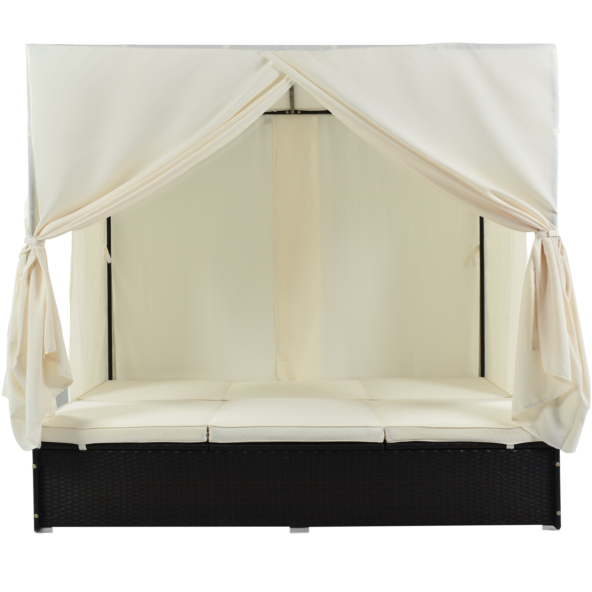 Outdoor Patio Wicker Sunbed Daybed With Cushions, Adjustable Seats Beige Rattan