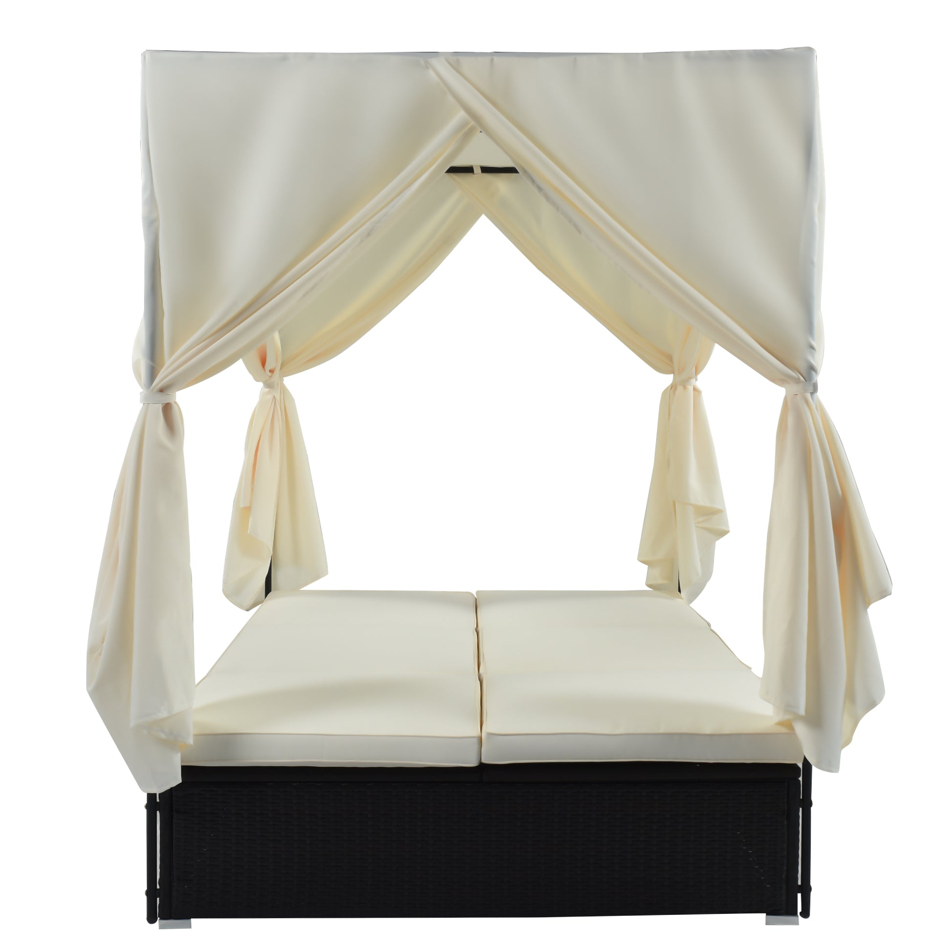 Outdoor Patio Wicker Sunbed Daybed With Cushions, Adjustable Seats Beige Rattan