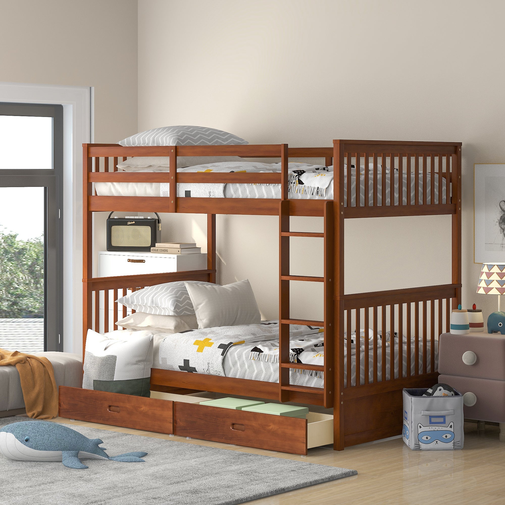 Twin Over Twin Bunk Bed With Ladders And Two Storage Drawers Walnut Old Sku:Lt000265Aad Walnut Solid Wood