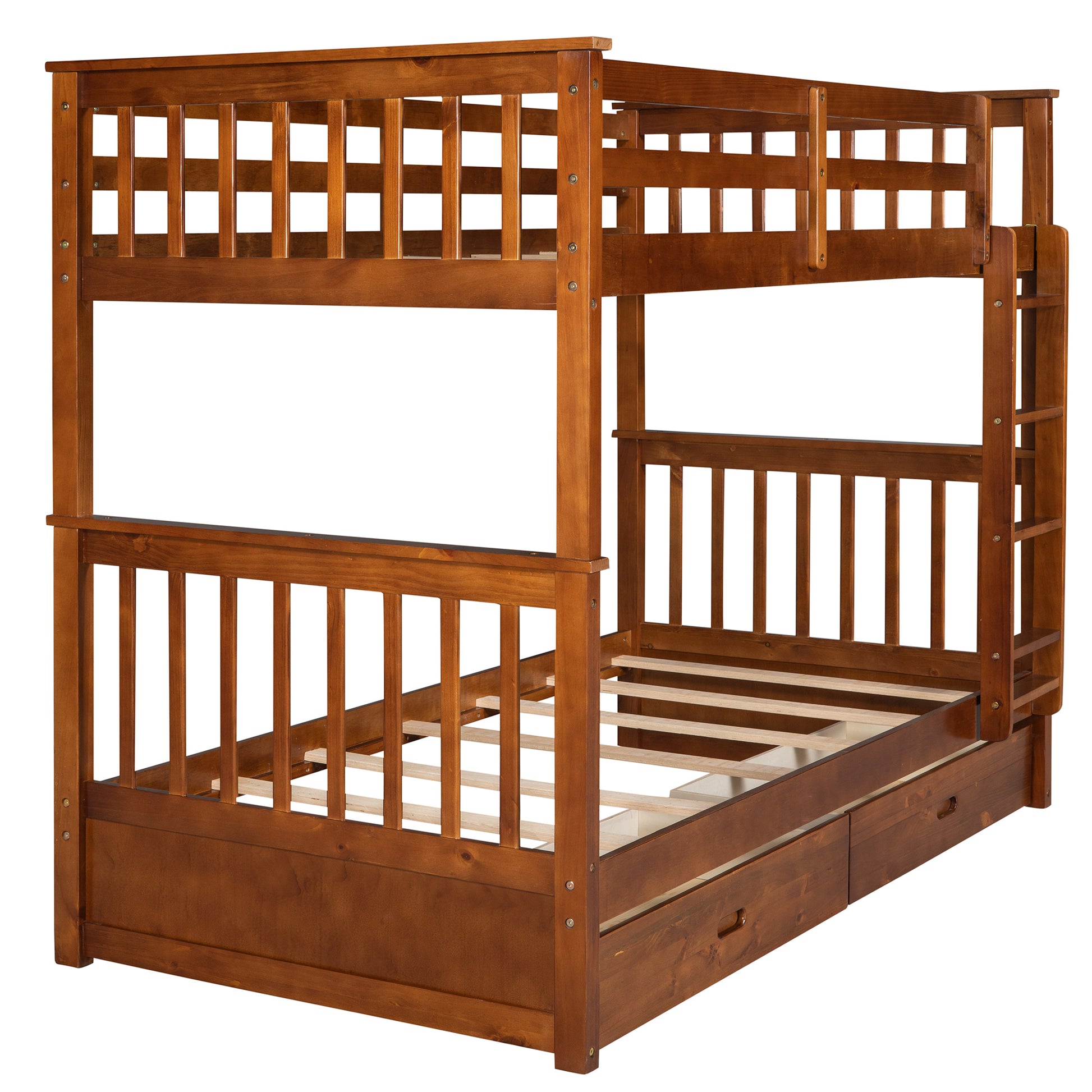 Twin Over Twin Bunk Bed With Ladders And Two Storage Drawers Walnut Old Sku:Lt000265Aad Walnut Solid Wood