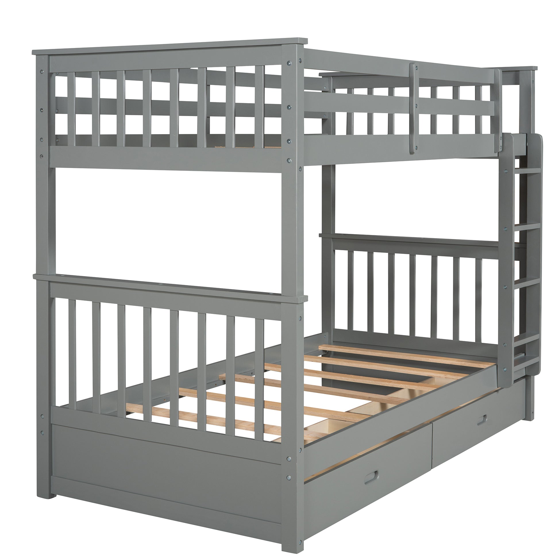 Twin Over Twin Bunk Bed With Ladders And Two Storage Drawers Gray Lt000265Aae Gray Solid Wood