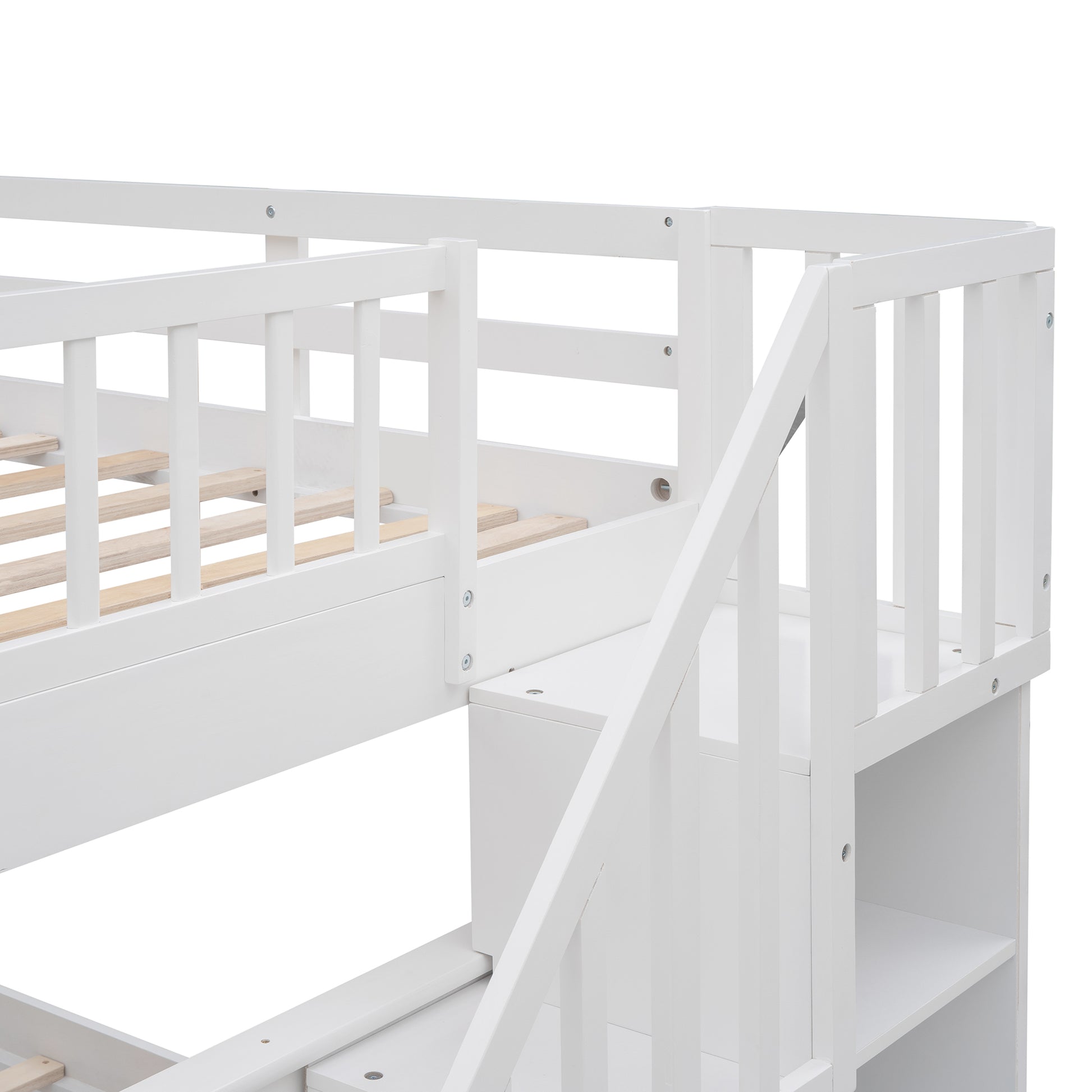 Stairway Full Over Full Bunk Bed With Storage And Guard Rail For Bedroom, Dorm, White Color Old Sku :Lp001110Aak White Solid Wood