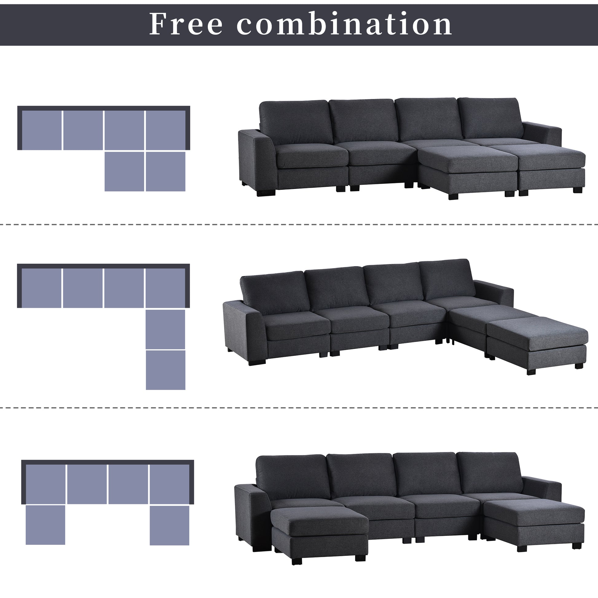 3 Pieces U Shaped Sofa With Removable Ottomans Gray Foam Polyester 6 Seat