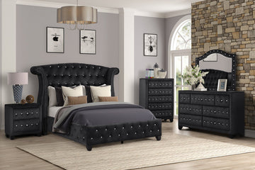 Full 5 Pc Upholstery Bedroom Set Made With Wood In Black Box Spring Not Required Full Black Wood 5 Piece Set Bedroom Contemporary,Modern Acacia Upholstered Velvet Tufted Wood