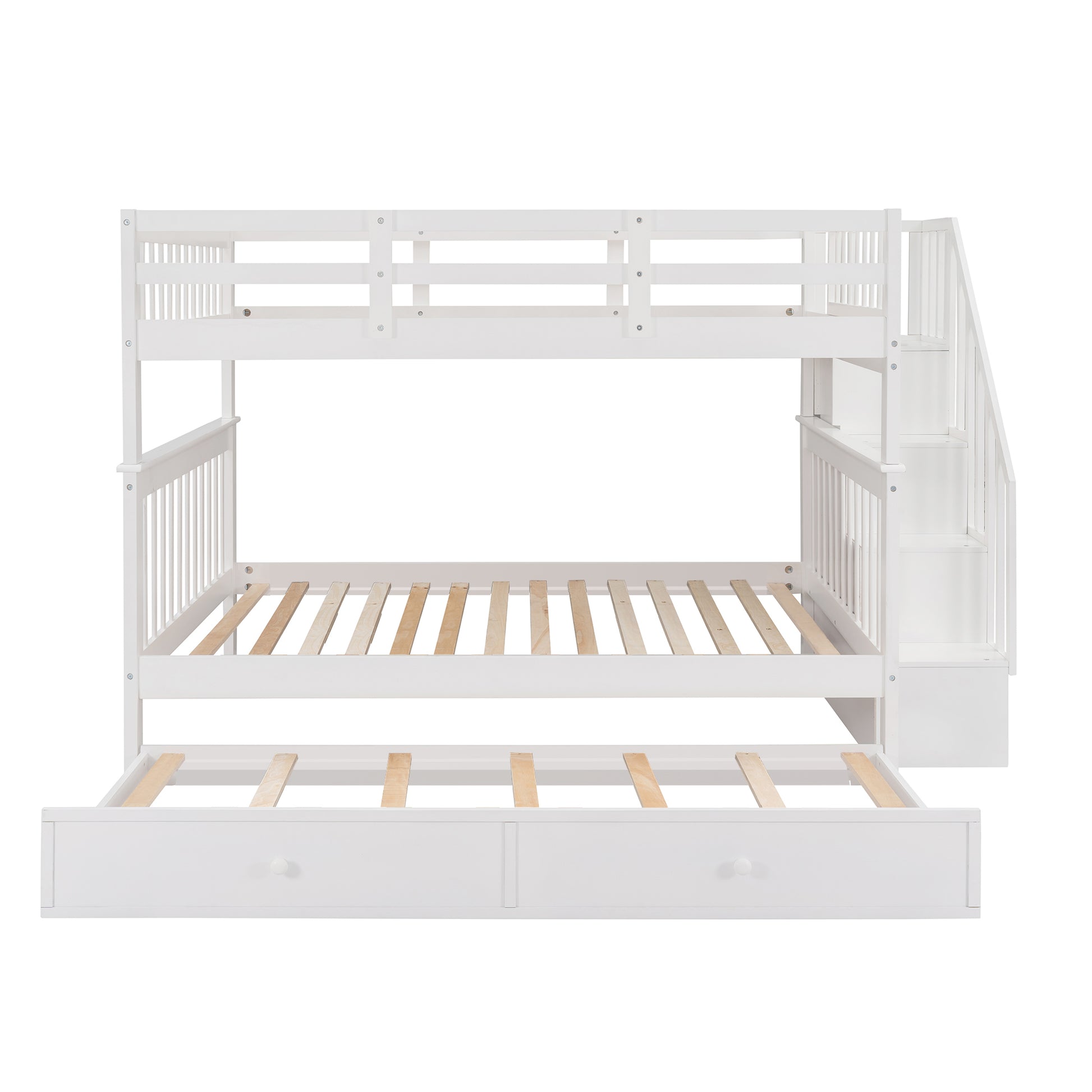 Stairway Full Over Full Bunk Bed With Twin Size Trundle, Storage And Guard Rail For Bedroom, Dorm White Old Sku :Lp001210Aak White Solid Wood