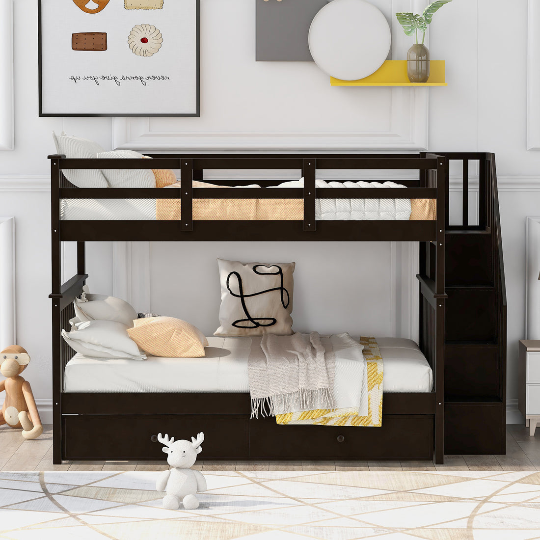 Stairway Full Over Full Bunk Bed With Twin Size Trundle, Storage And Guard Rail For Bedroom, Dorm Espresso Old Sku :Lp001210Aap Espresso Solid Wood