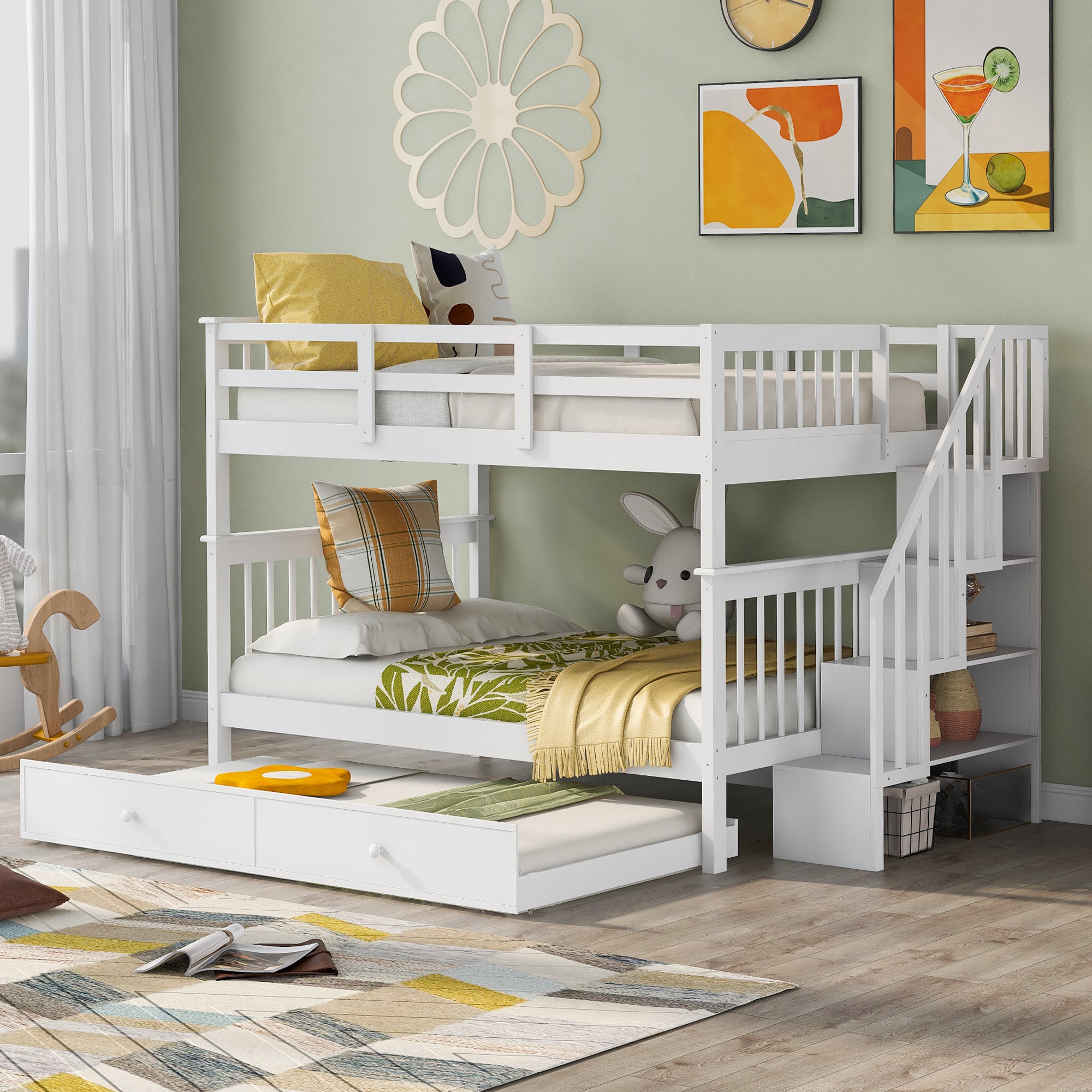 Stairway Full Over Full Bunk Bed With Twin Size Trundle, Storage And Guard Rail For Bedroom, Dorm White Old Sku :Lp001210Aak White Solid Wood