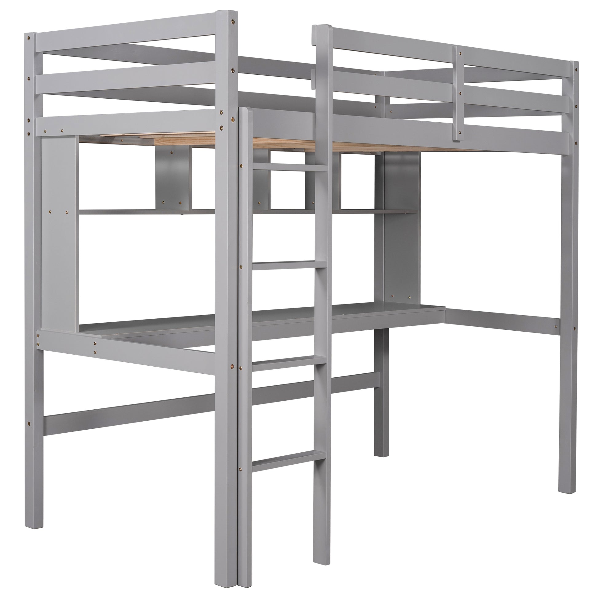 Twin Size Loft Bed With Convenient Desk, Shelves, And Ladder, White Similar Sku:Sm001302Aae Box Spring Not Required Gray Wood Bedroom Pine