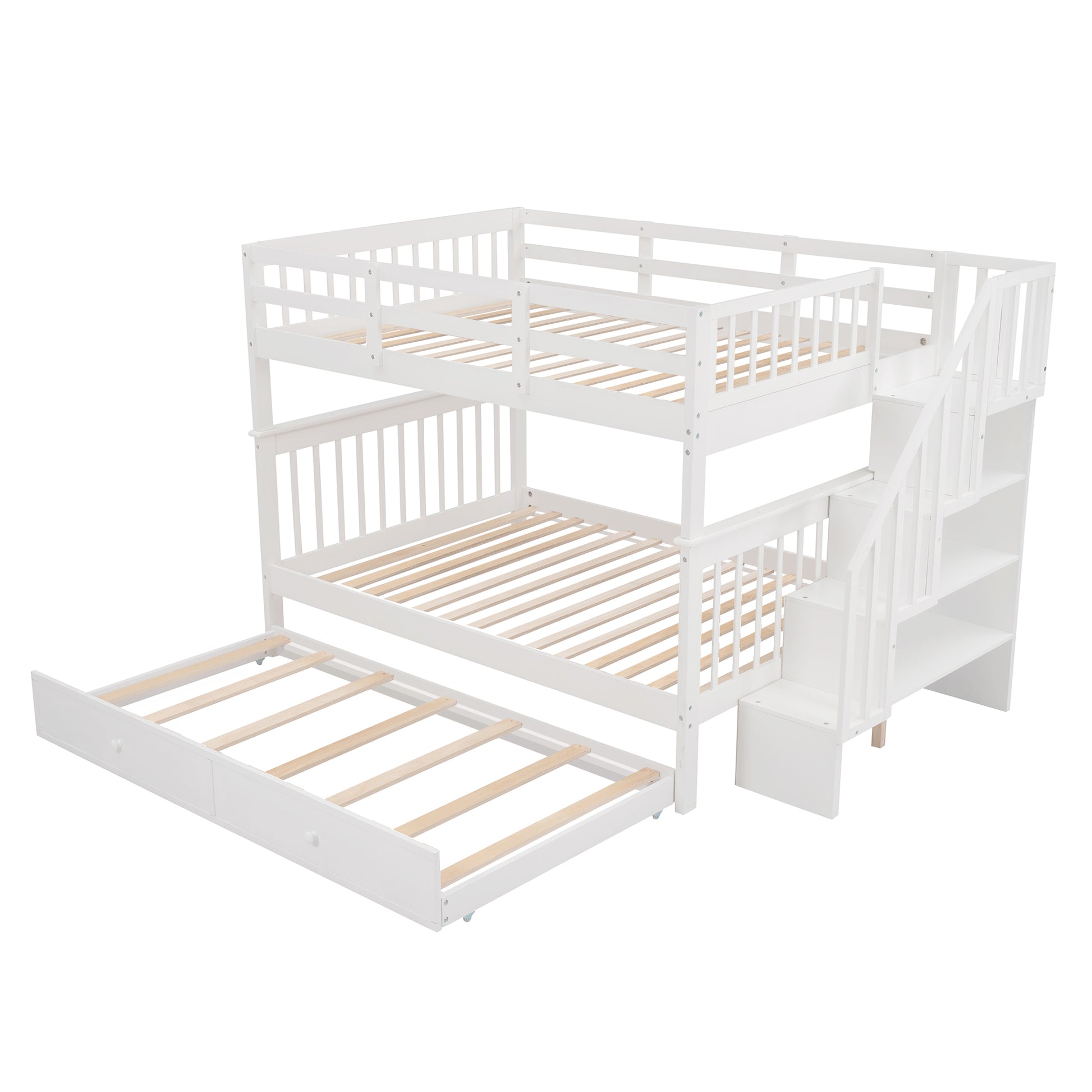 Stairway Full Over Full Bunk Bed With Twin Size Trundle, Storage And Guard Rail For Bedroom, Dorm White Old Sku :Lp001210Aak White Solid Wood