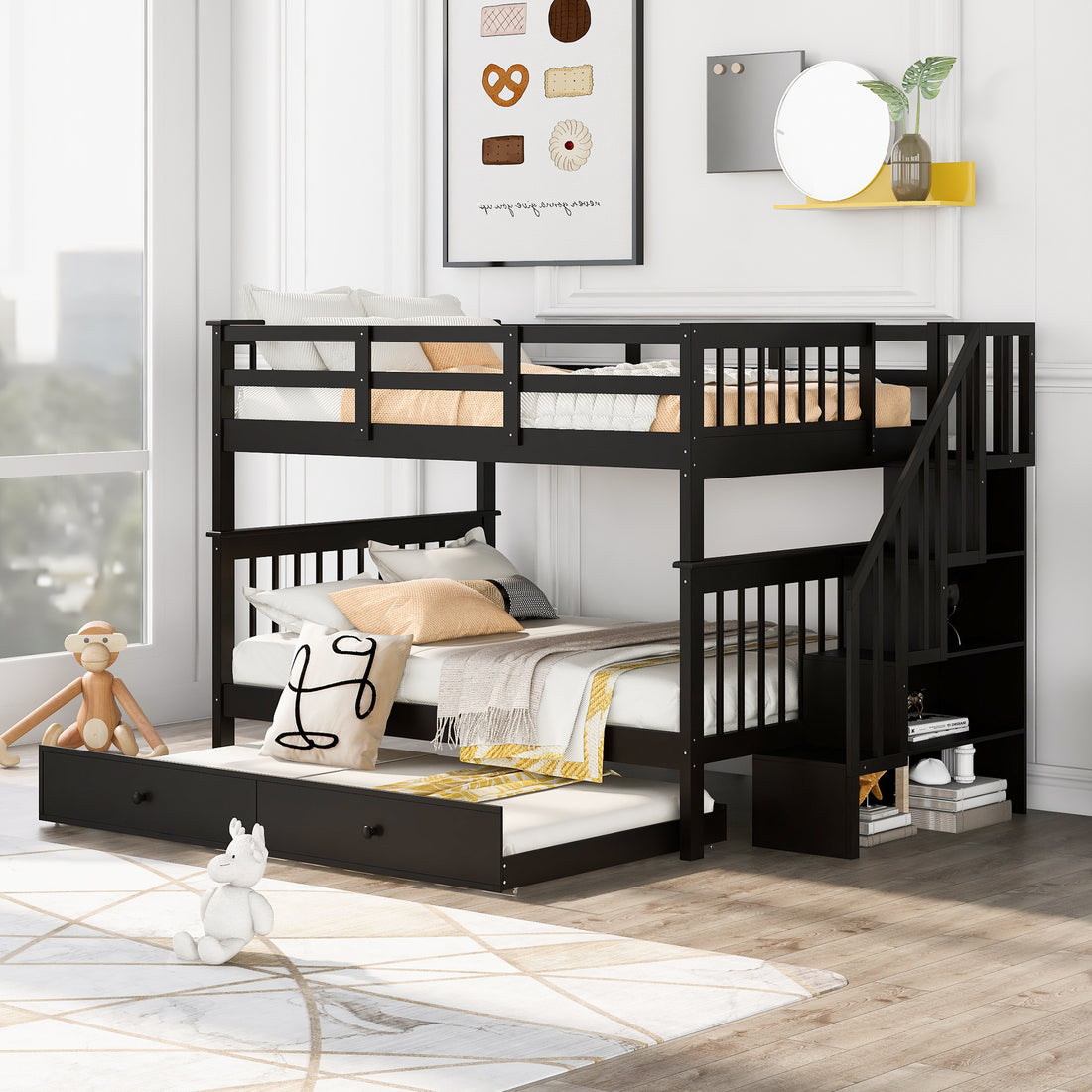 Stairway Full Over Full Bunk Bed With Twin Size Trundle, Storage And Guard Rail For Bedroom, Dorm Espresso Old Sku :Lp001210Aap Espresso Solid Wood