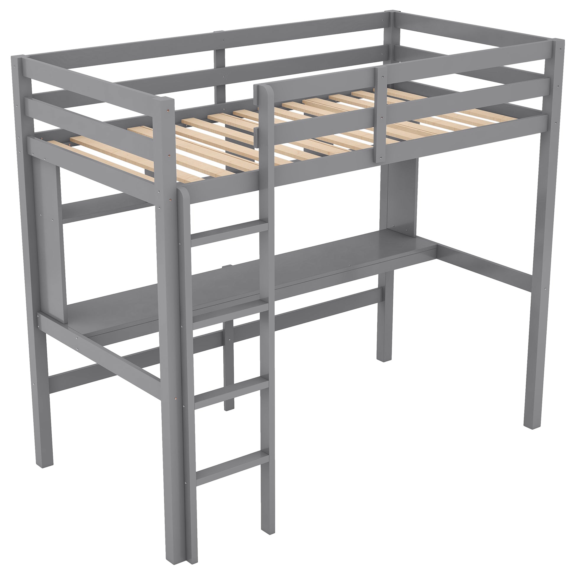 Twin Size Loft Bed With Convenient Desk, Shelves, And Ladder, White Similar Sku:Sm001302Aae Box Spring Not Required Gray Wood Bedroom Pine