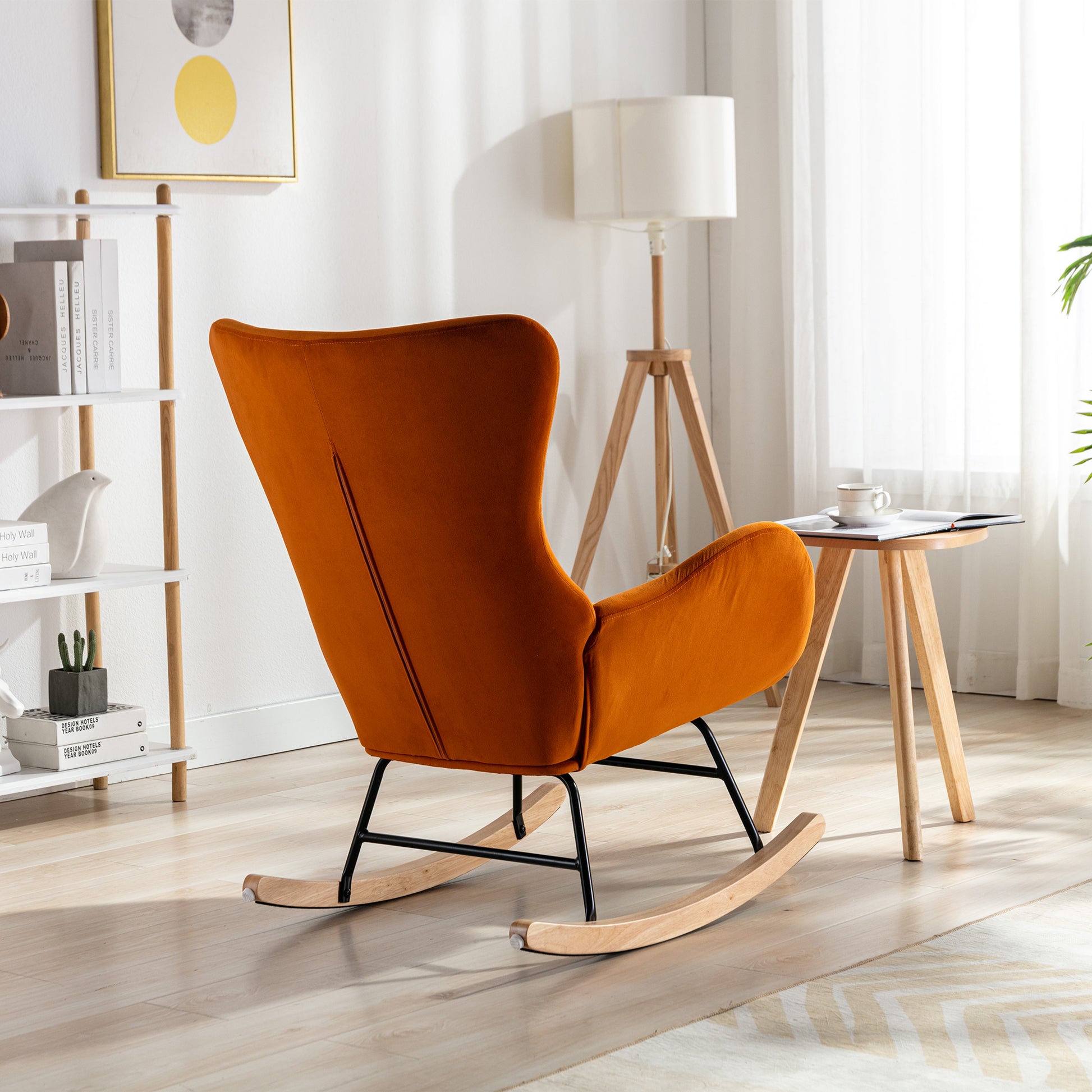 Velvet Fabric Padded Seat Rocking Chair With High Backrest And Armrests Orange Foam Upholstered