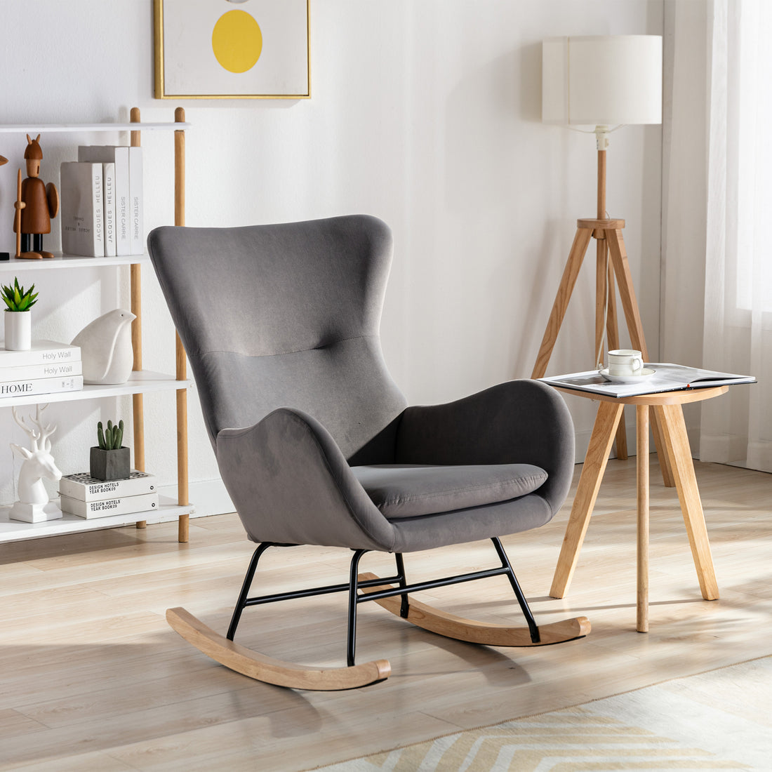 Velvet Fabric Padded Seat Rocking Chair With High Backrest And Armrests Dark Grey Foam Upholstered