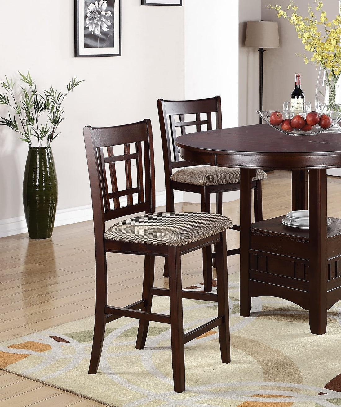 Set Of 2 Chairs Dining Room Furniture Brown Solid Wood Counter Height Chairs Upholstered Cushioned Unique Back Geometric Brown Light Brown Dining Room Modern,Transitional Dining Chairs Rubberwood Solid Wood