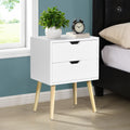 Side Table With 2 Drawer And Rubber Wood Legs, Mid Century Modern Storage Cabinet For Bedroom Living Room Furniture, White White Mdf