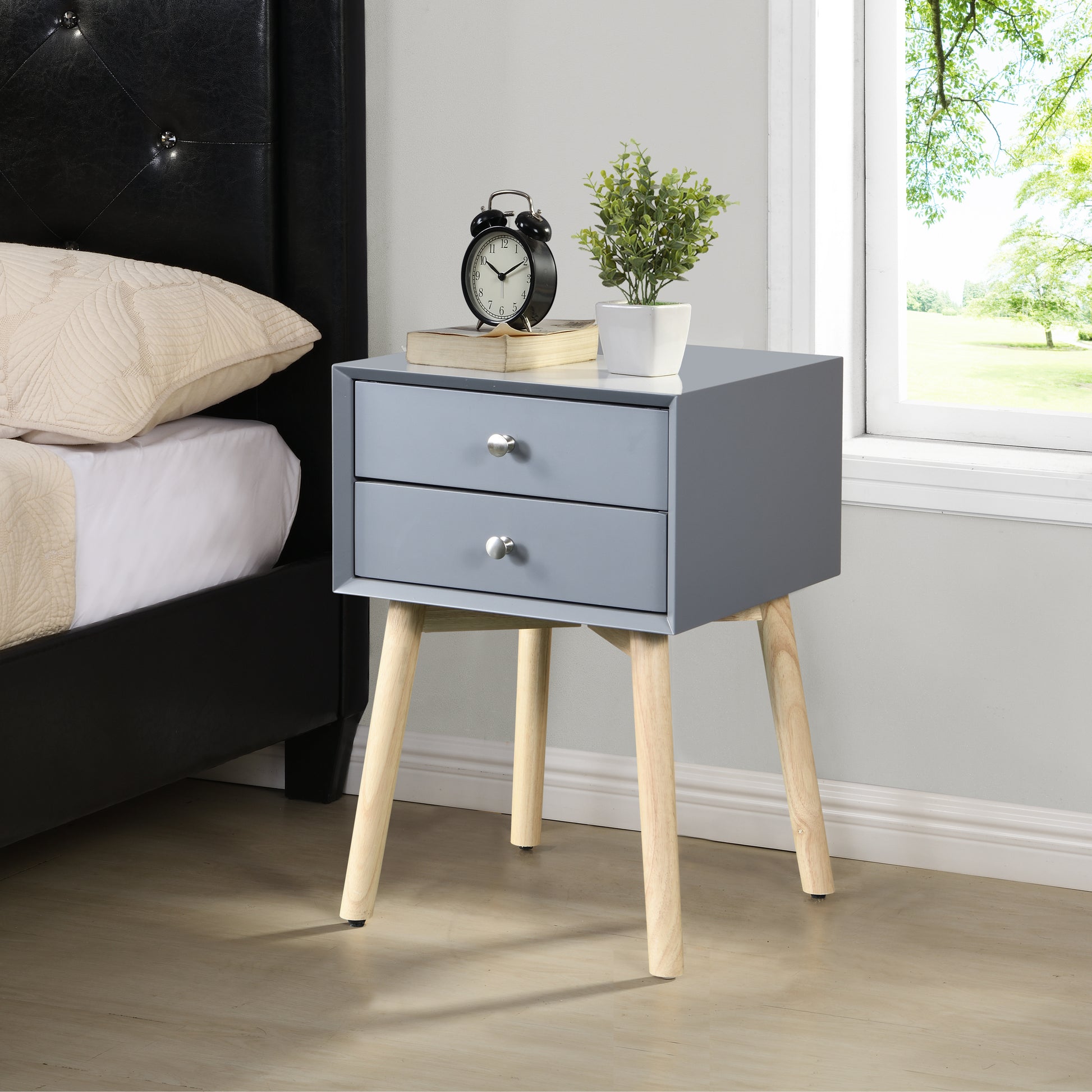 Zfztimber Side Table,Bedside Table With 2 Drawers And Rubber Wood Legs, Mid Century Modern Storage Cabinet For Bedroom Living Room, Gray Gray Mdf