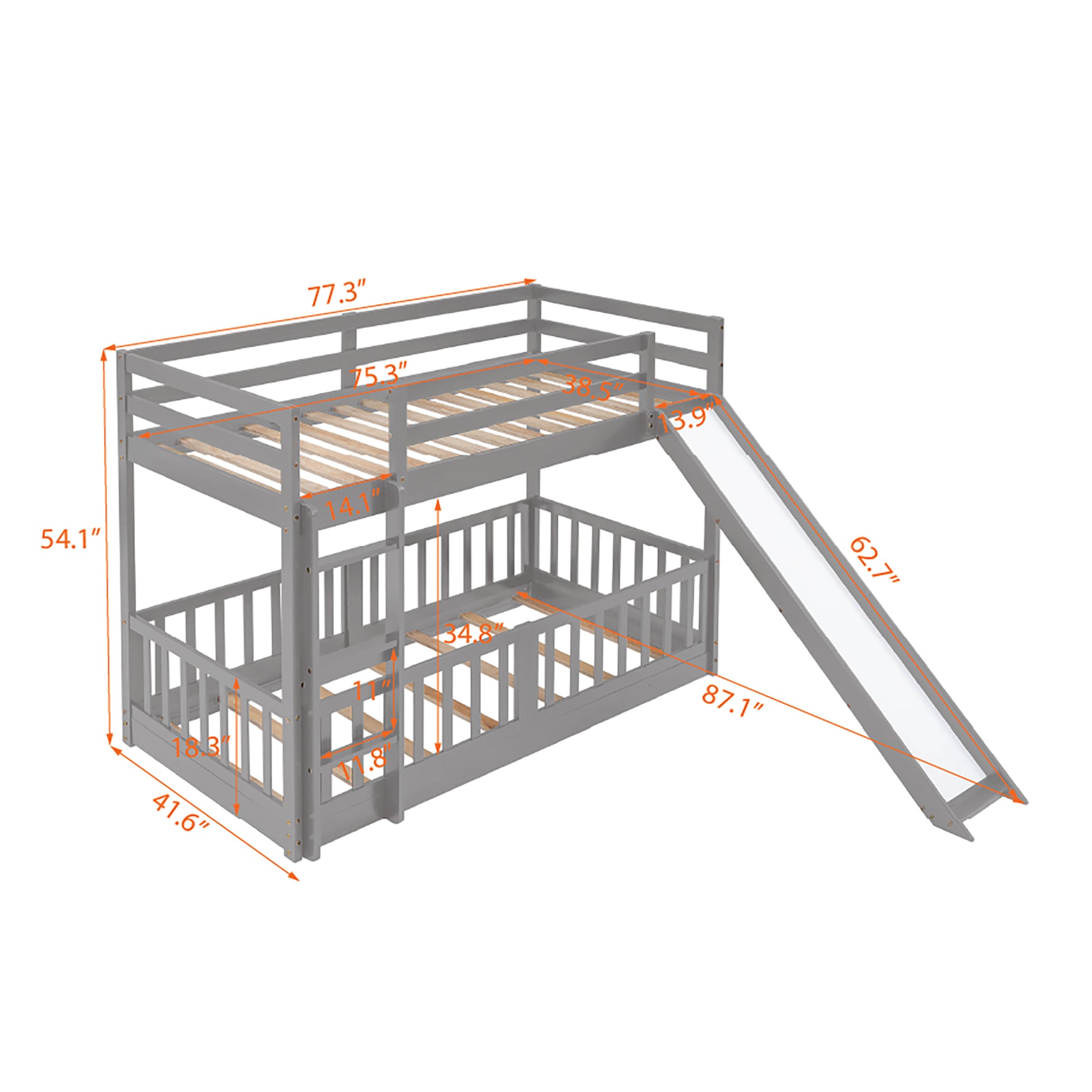 Twin Over Twin Bunk Bed With Slide And Ladder, Gray Old Sku:Lp000009Aae Gray Solid Wood