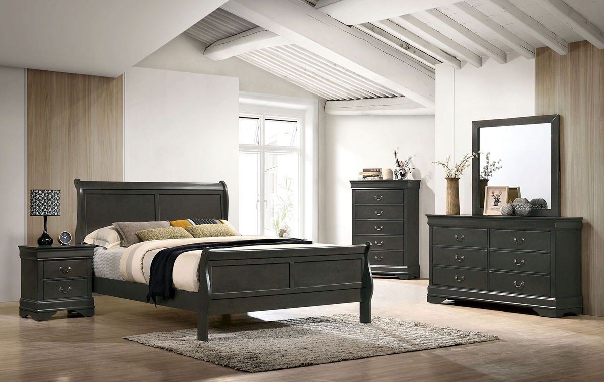 Classic Contemporary California King Size Bed Gray Louis Phillipe Solidwood 1Pc Bed Bedroom Sleigh Bed Box Spring Required California King Gray Wood Gray Bedroom Contemporary,Modern Rubberwood Bed Frame Solid Wood