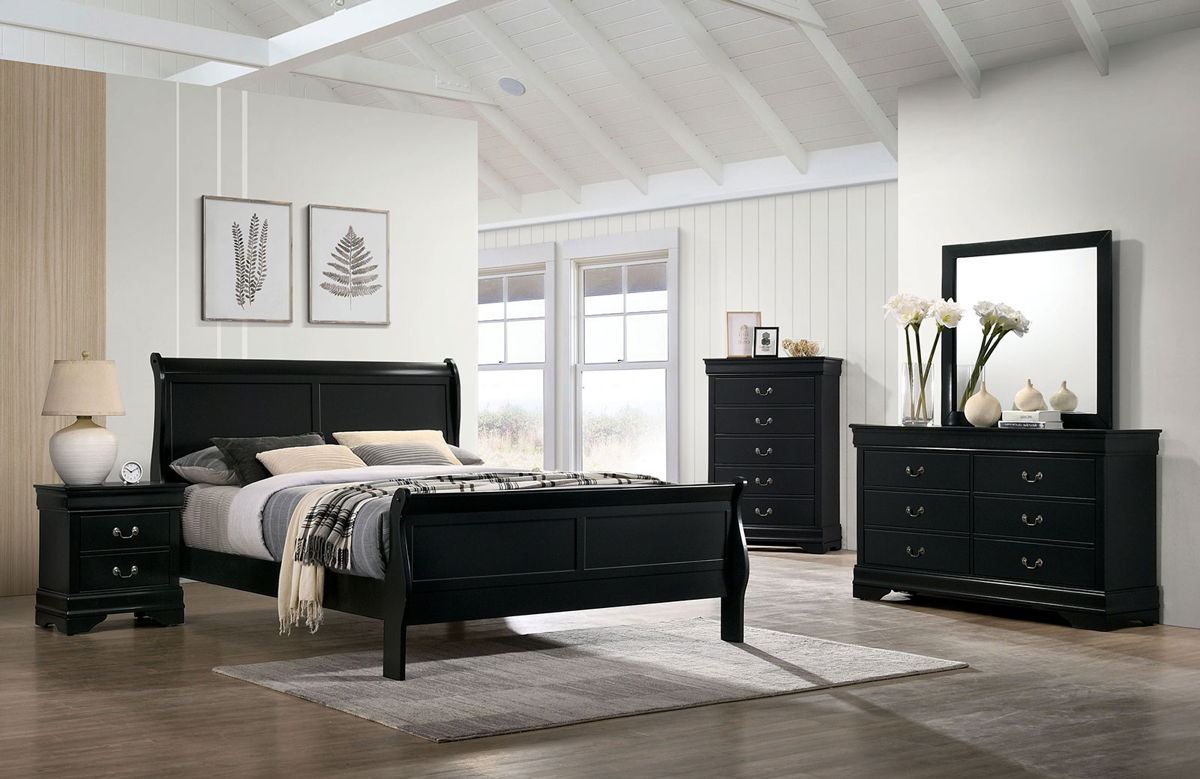 Queen Size Bed Black Louis Phillipe Solidwood 1Pc Bed Bedroom Sleigh Bed Box Spring Required Queen Black Wood Bedroom Contemporary,Modern Rubberwood Bed Frame Solid Wood