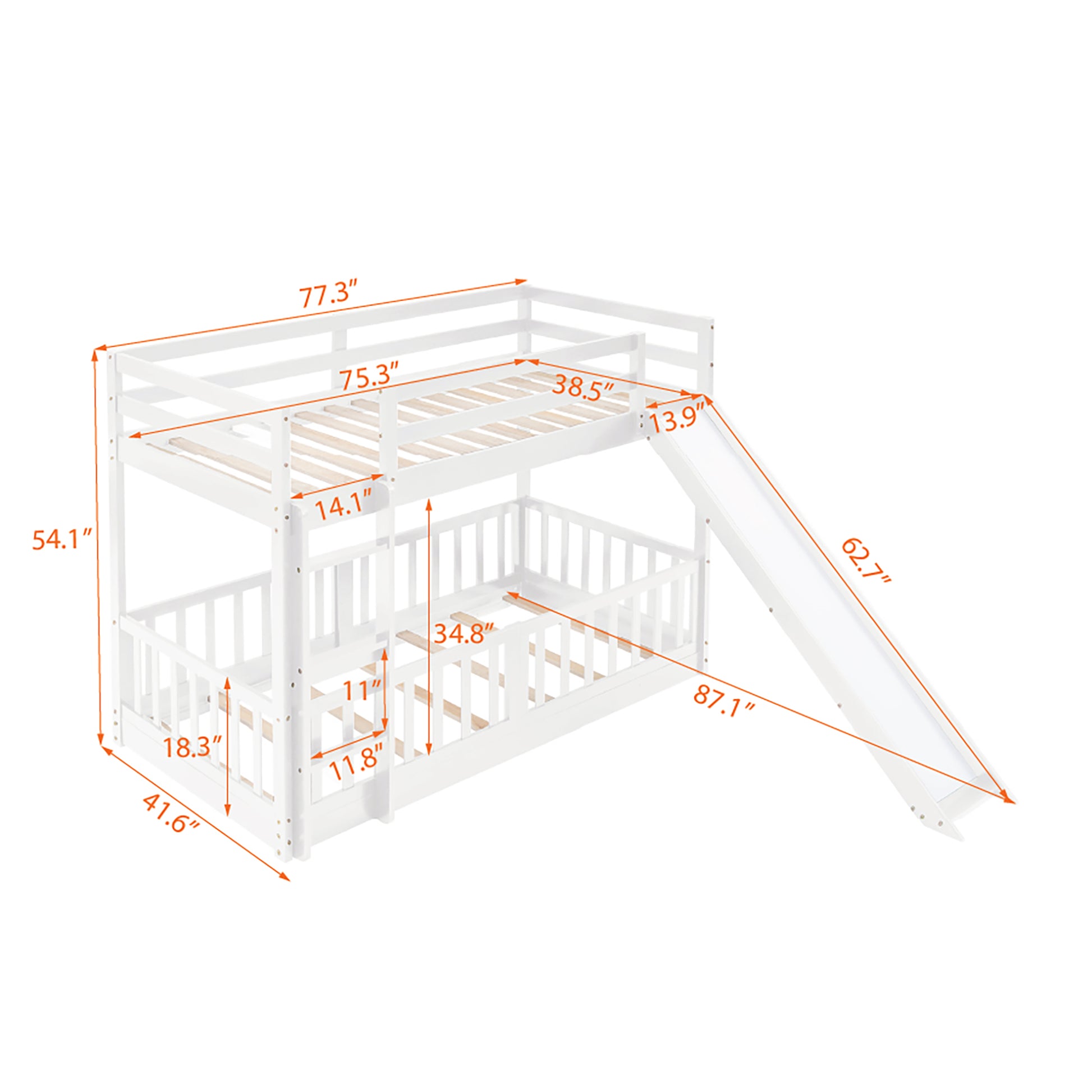 Twin Over Twin Bunk Bed With Slide And Ladder, White Old Sku:Lp000009Aak White Solid Wood