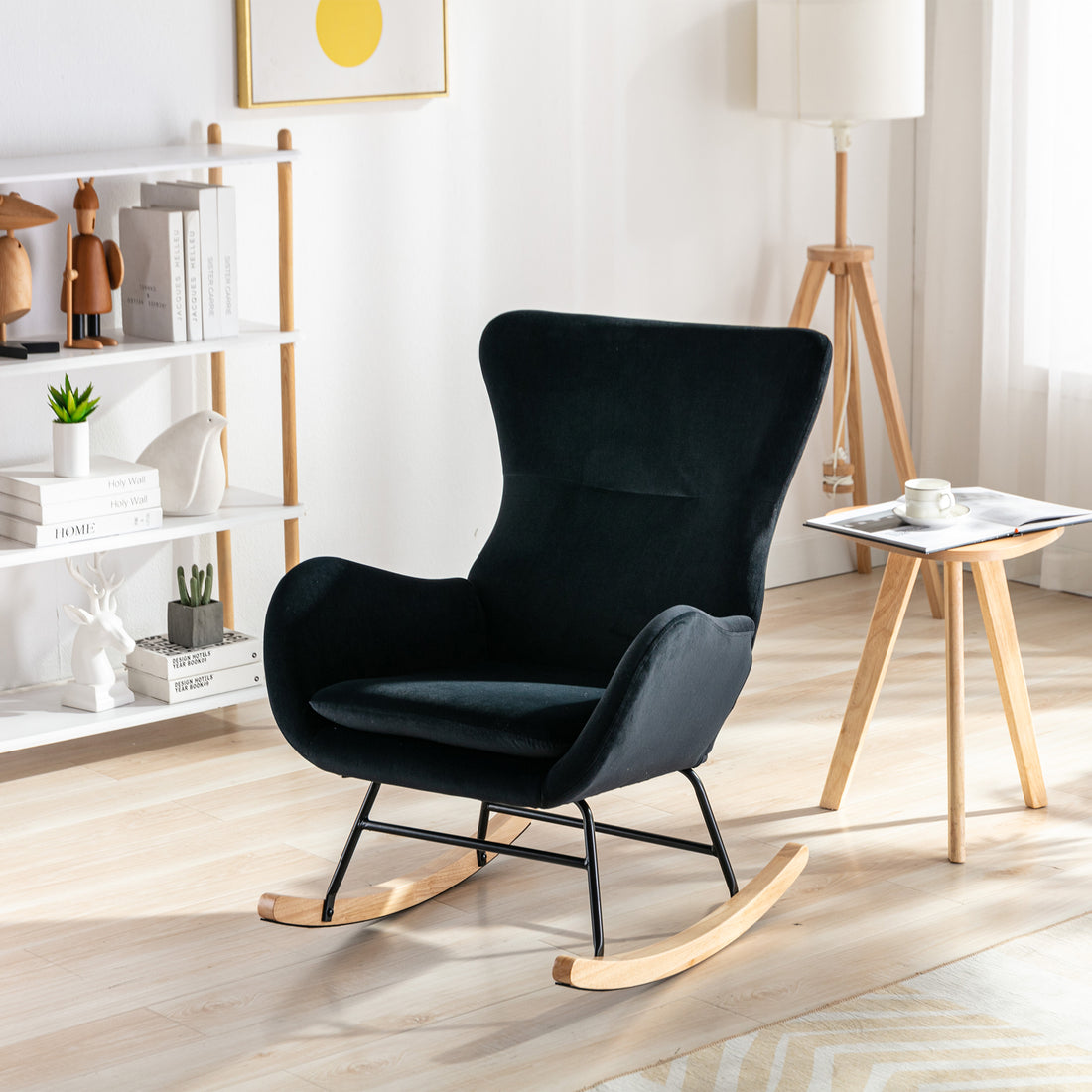 Velvet Fabric Padded Seat Rocking Chair With High Backrest And Armrests Black Foam Upholstered