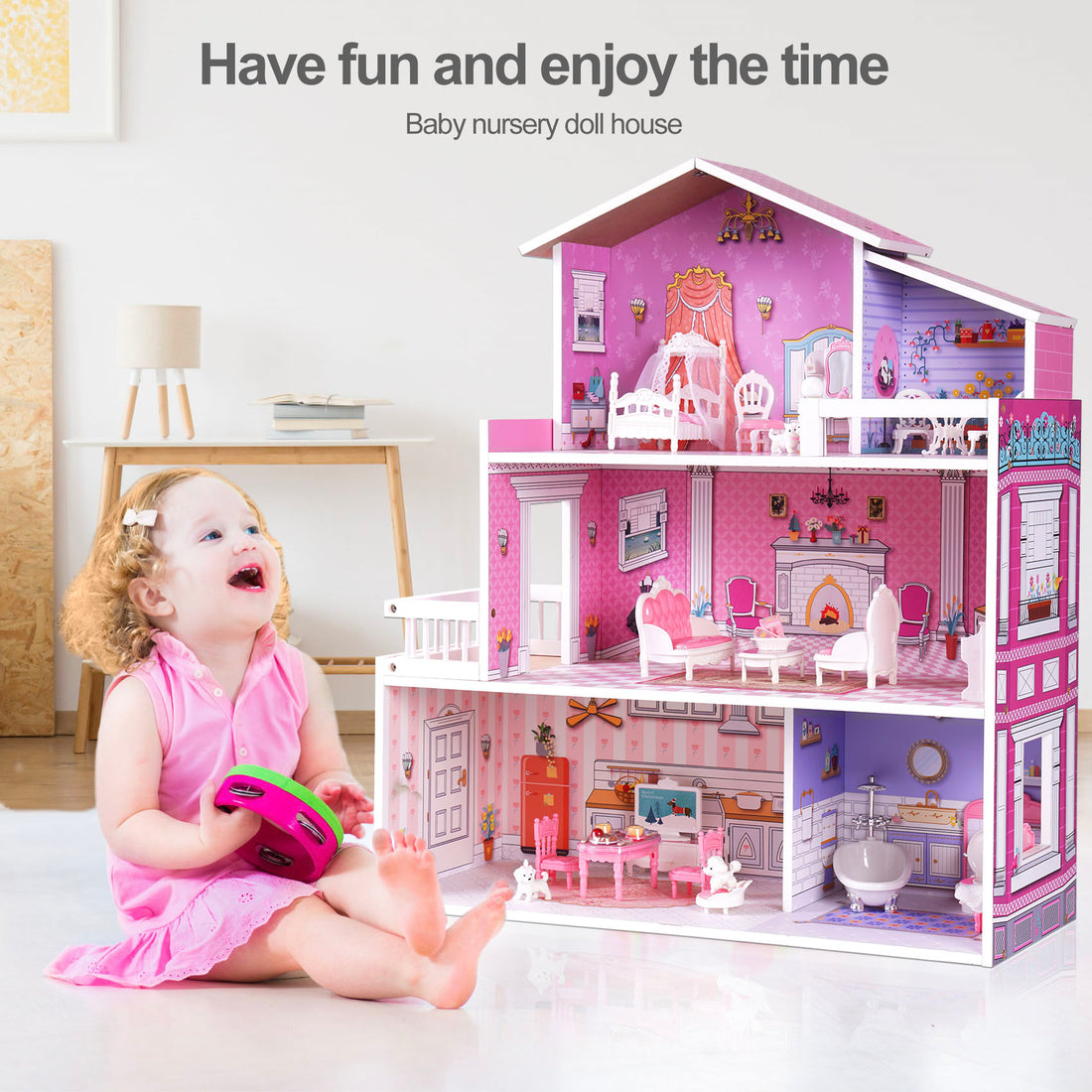 Wooden Dollhouse For Kids With 24Pcs Furniture Preschool Dollhouse House Toy Lavender Purple Solid Wood