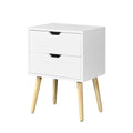 Side Table With 2 Drawer And Rubber Wood Legs, Mid Century Modern Storage Cabinet For Bedroom Living Room Furniture, White White Mdf