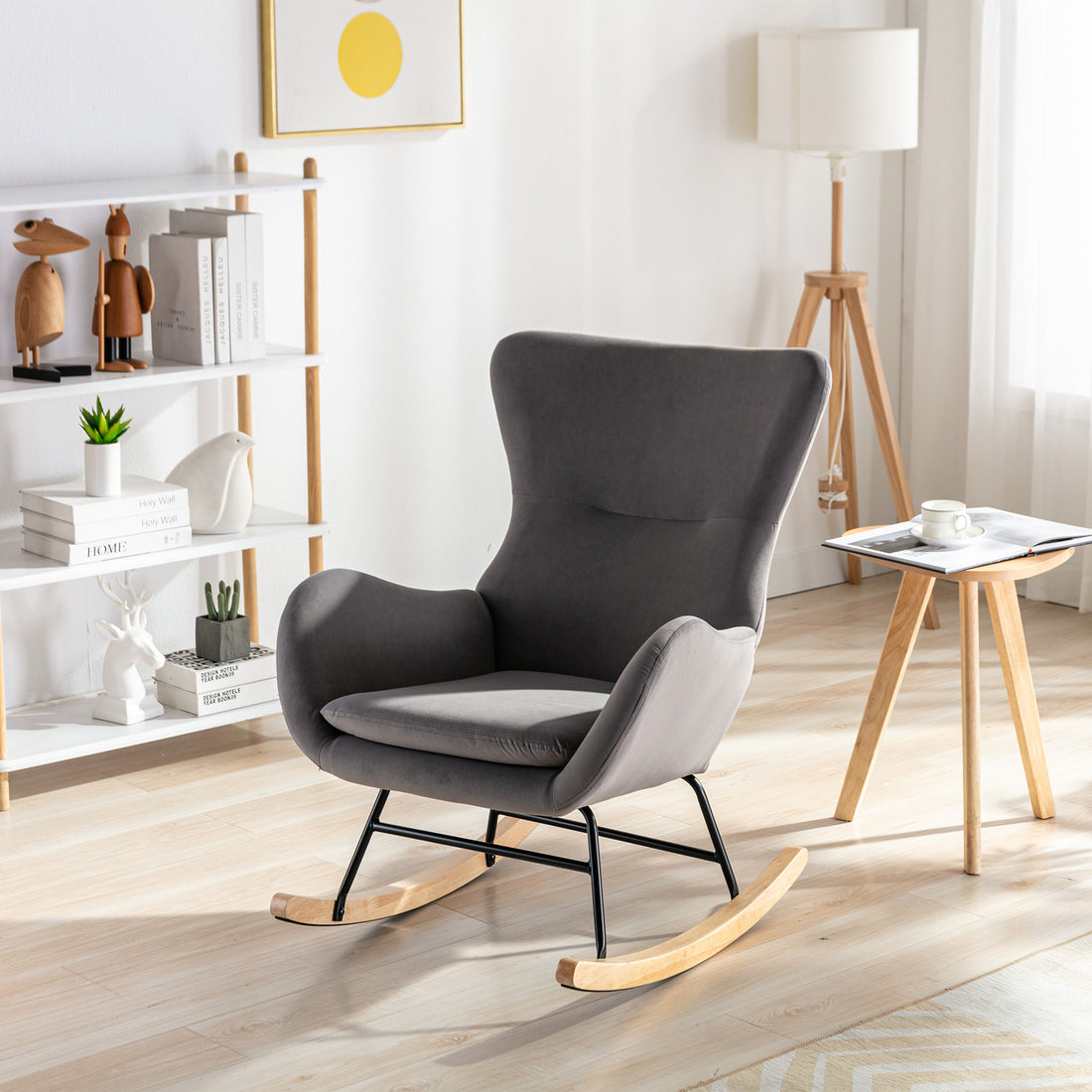 Velvet Fabric Padded Seat Rocking Chair With High Backrest And Armrests Dark Grey Foam Upholstered