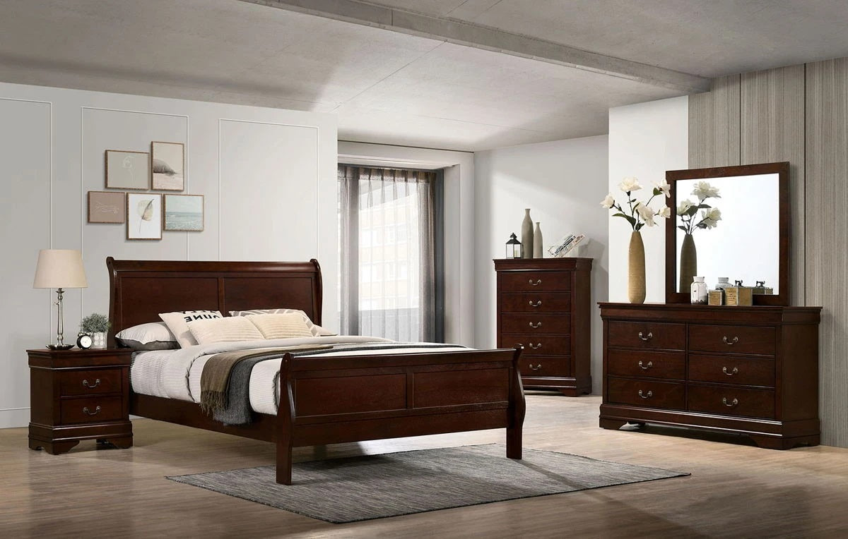 Full Size Bed Cherry Louis Phillipe Solidwood 1Pc Bed Bedroom Sleigh Bed Bedroom Furniture Box Spring Required Full Cherry Wood Brown Bedroom Contemporary,Modern Rubberwood Bed Frame Solid Wood