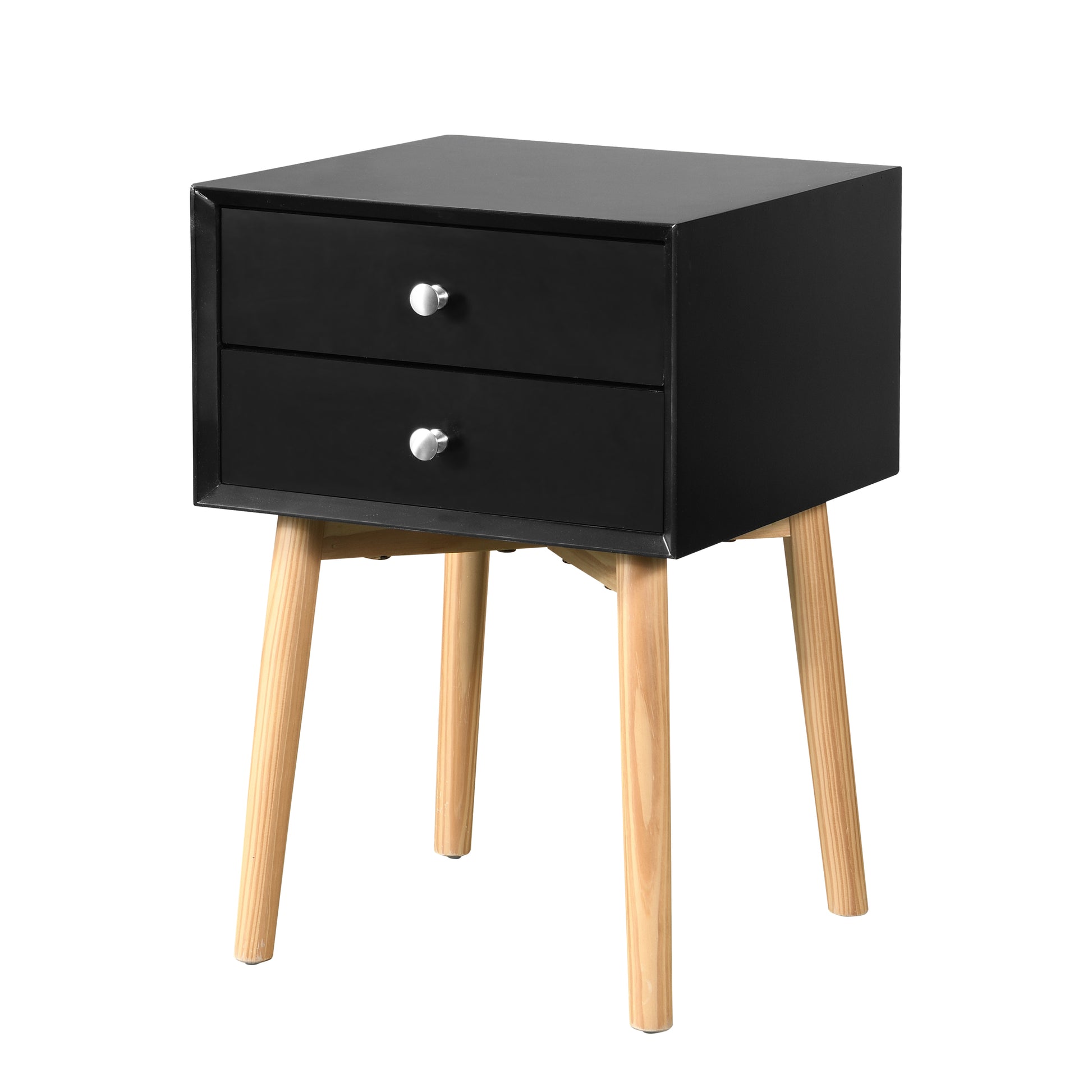 Zfztimber Side Table,Bedside Table With 2 Drawers And Rubber Wood Legs, Mid Century Modern Storage Cabinet For Bedroom Living Room, Black Black Mdf