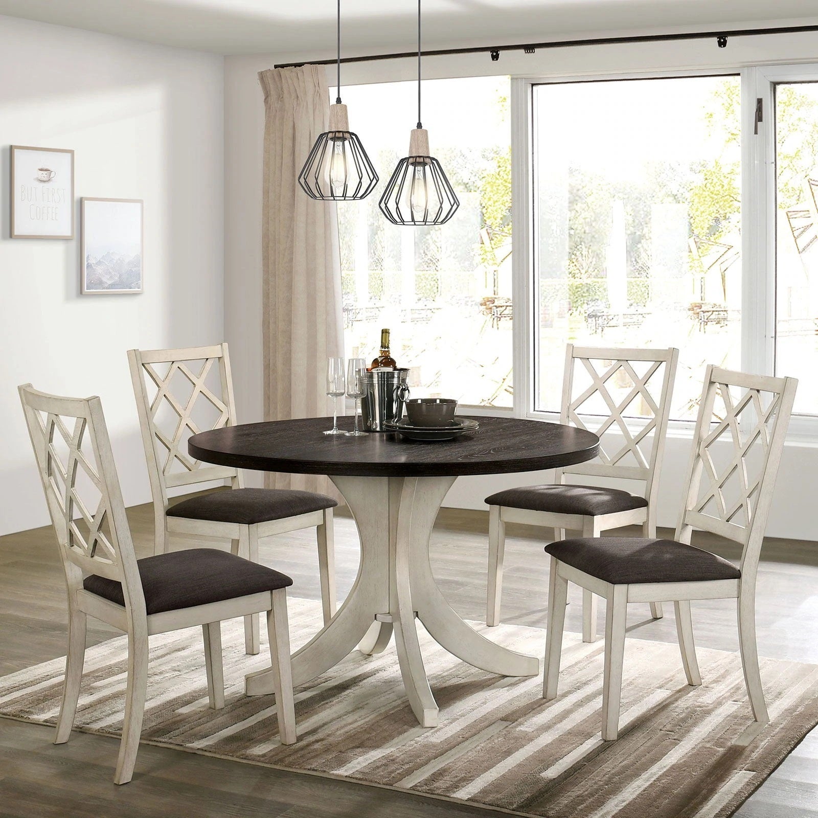 Antique White Solid Wood Set Of 2 Chairs Unique Design Back Kitchen Dining Room Breakfast Grey Cushion Seat Chair Fabric Geometric Antique White White Dining Room Contemporary,Modern,Transitional Side Chair Rubberwood Cross Back Solid Wood